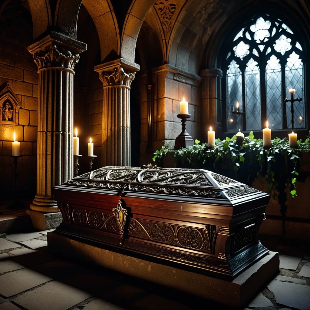 horror-themed A dramatic and atmospheric photograph of the interior of an ancient crypt, dimly lit by flickering candlelight. The crypt features old, cracked stone walls covered in moss and ivy, with intricate carvings and Gothic details etched into the stone. At the center of the crypt lies an ornate vampire coffin, made of dark, polished wood with silver and gold inlays, adorned with ancient symbols and intricate Gothic patterns. The coffin is slightly ajar, revealing a glimpse of red velvet lining. Surrounding the coffin are scattered bones, dusty cobwebs, and antique candelabras with melting candles, casting eerie shadows across the crypt. The mood is dark, mysterious, and hauntingly beautiful, with subtle rays of pale moonlight filtering through a small, broken stained-glass window.
<lora:SDXLFaeTastic2400:0.4> <lora:extremely_detailed:0.4> extremely detailed,, eerie, unsettling, dark, spooky, suspenseful, grim, highly detailed, Masterpiece,best quality,hi res,8k,hi res,8k,award winning,(sharp focus, intricate, highly detailed),