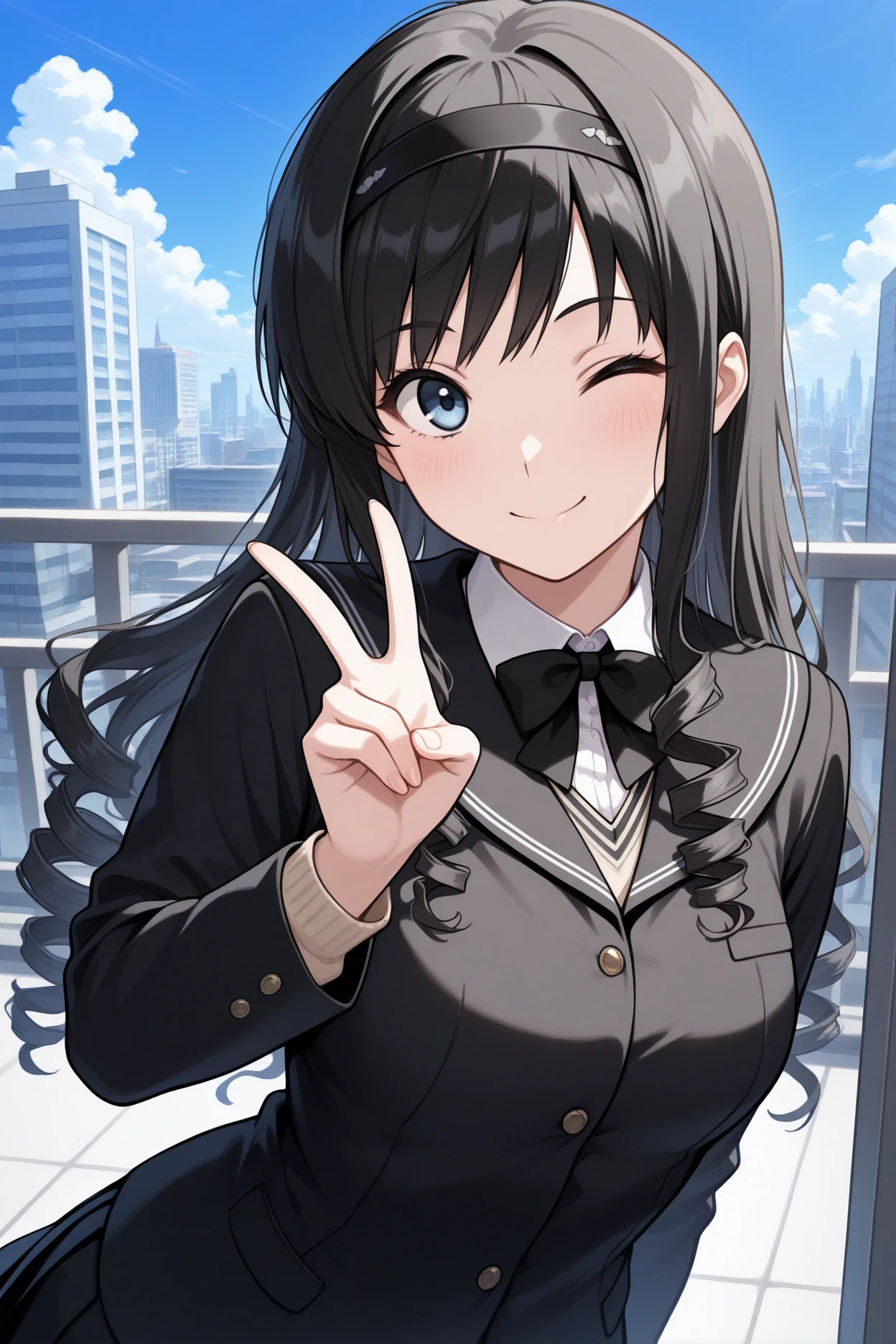 masterpiece, best quality, 1girl, solo,  <lora:morishimaharuka-illu-nvwls-v1-000005:1> amaMH, black hair, drill hair, long hair, blue eyes, black hairband, black sailor collar, collared shirt, neck ribbon, black blazer, black bowtie, long sleeves, pleated skirt, black skirt, upper body, looking at viewer, wink, smile, upper body, peace sign, blue sky, city, oceanside