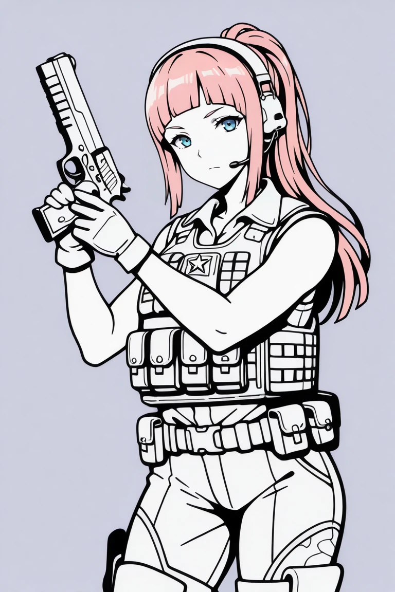 masterpiece, best quality,limited color palette,lineart, vector art,
,cowboy shot,sexy pose,looking at viewer,1girl,solo,
gloves, military, helmet, headset, camouflage, load bearing vest, millitary vest,wearing epTactical,boots,
<lora:edgTacticalILS-000004:1>
<lora:felicia-fe-richy-v1_ixl:1> f1cdf, blue eyes, pink hair, long hair, ponytail, sidelocks, blunt bangs,
firearm,desert eagle,holding weapon,