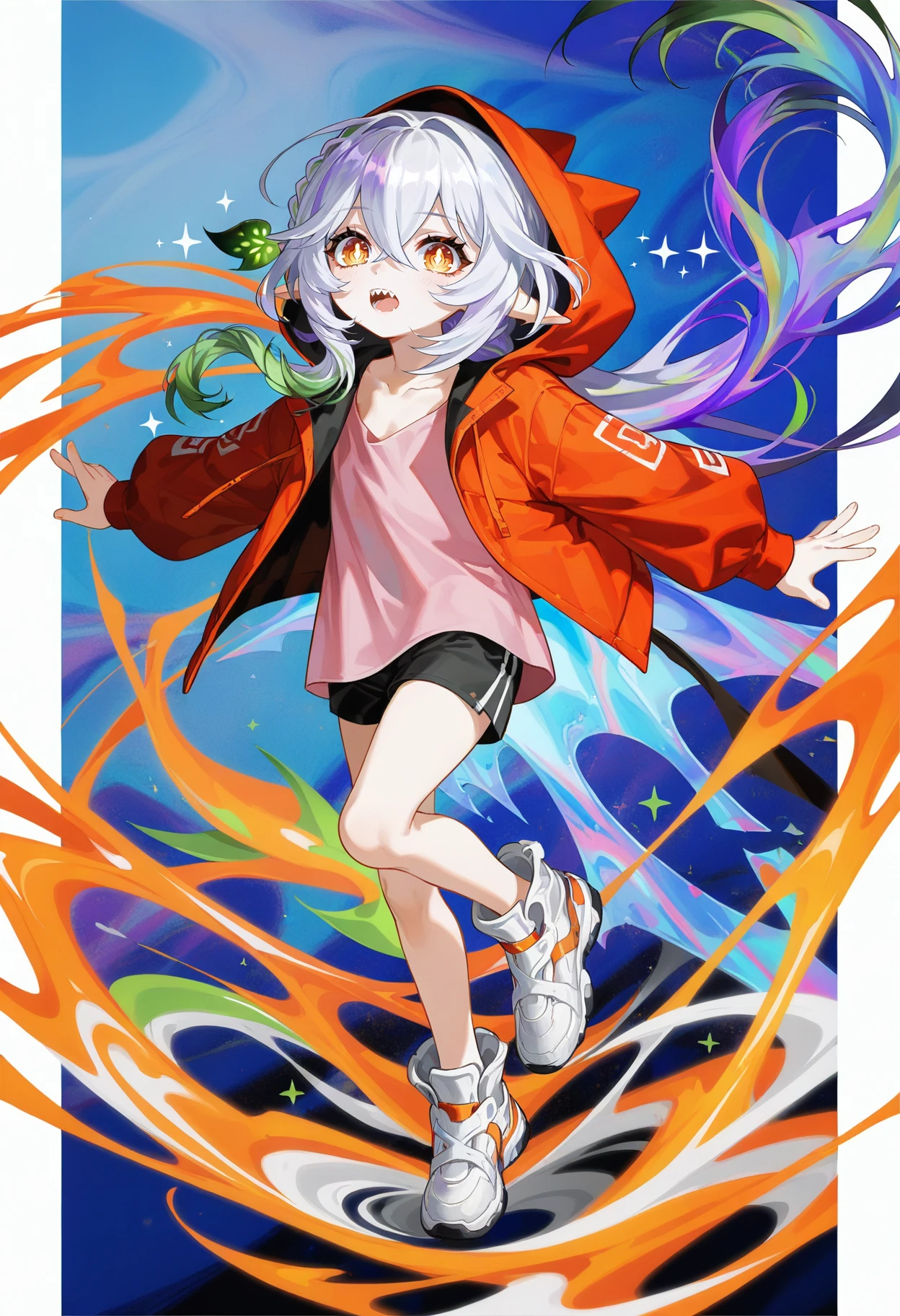 1girl, genshin impact, 
nahida, 
alternate costume, full body, abstract, fusion of Fluid abstract art and glitch, glitch hair, iridescent hair, eye trail, glowing eyes, glowing streaks, light trail, hood up, very long hair, hooded jacket, standing, light blush, orange hair, open clothes, sharp teeth, purple pupils, shoes, single braid, sparkle, purple hair, blue background, multicolored hair, shirt, long hair, shorts, red jacket, hood, orange eyes, white footwear, outside border, long sleeves, collarbone, streaked hair, teeth, solo, standing on one leg, pink shirt, black shorts, jacket, crossed bangs, border, open mouth, sneakers, white border, looking at viewer, braid