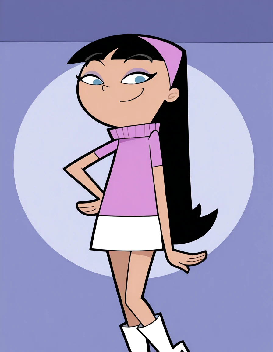 <lora:TrixieTangIllustrious1.0JLFO:1> trixie, black hair, 1girl, solo, pink turtleneck sweater, blue eyes, long hair, pink hairband, bangs, eyeshadow, smile, makeup, white skirt, very long hair, white boots, looking at viewer,hand on hip, cowboy shot