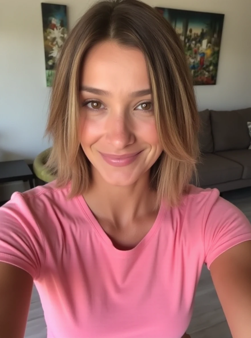 RAW photo of s4br1n4mt5 woman, wearing a pink tshirt, in a living room, detailed face, natural lighting, highly detailed, absurdres, smile happy

