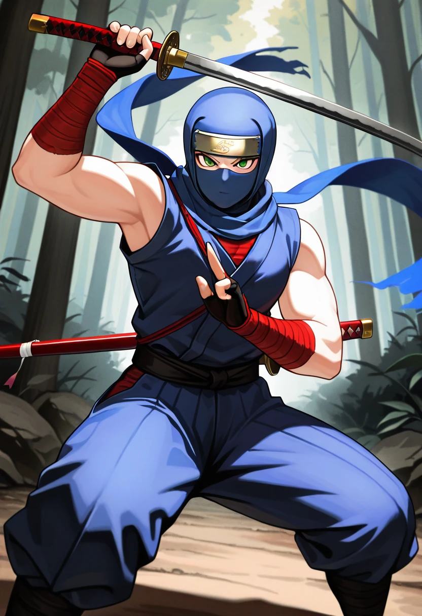 masterpiece, best quality, newest, absurdres, highres, <lora:RyuIllustDOA:0.9>, CLSCRY, blue robe, dougi, forehead protector, blue scarf, ninja, bandaged arms, red bandages, black belt, forest, holding sword, katana, fighting,, green eyes,
