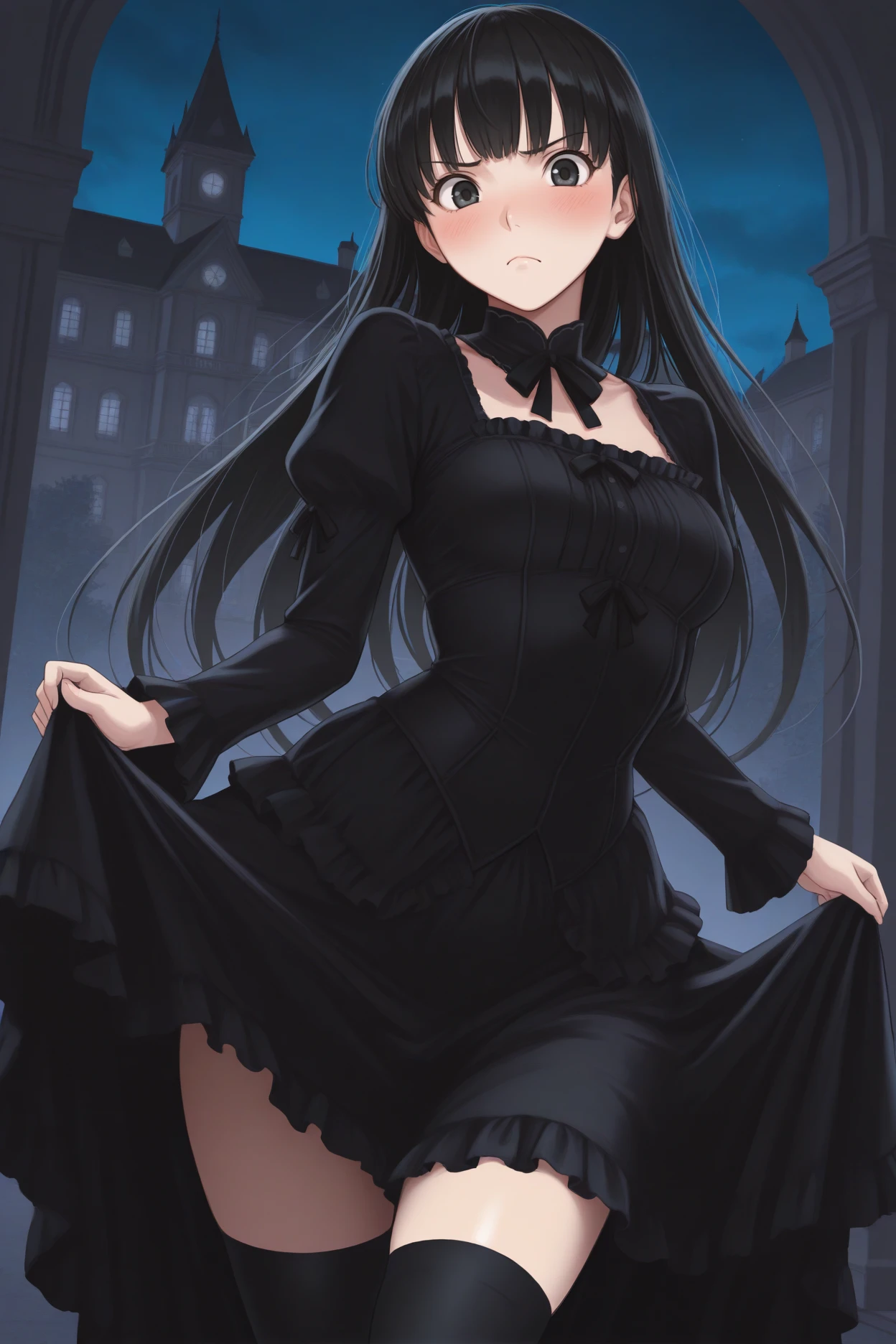 masterpiece, best quality, 1girl, solo, <lora:ayatsujitsukasa-illu-nvwls-v1-000005:1> amatsu, black hair, long hair, black eyes, blush, gothic dress, black and white dress, frills, looking at viewer, black thighhighs, skirt hold, blush, frown, mansion, night