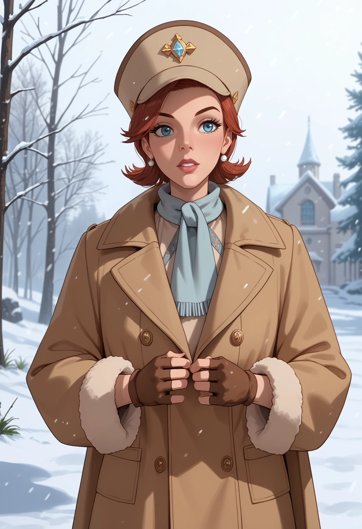 score_9, score_8_up, score_7_up, score_6_up, score_5_up, <lora:NM_anastasia:1>, BREAK NM_anastasia, solo, 1girl, hat, snow, gloves, fingerless gloves, short hair, coat, snowing, brown hair, outdoors, red hair, tree