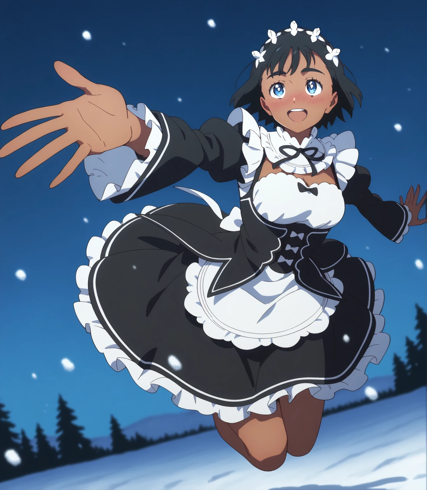 highres, hi res, best quality, masterpiece, 2d, intricate details, 4k, anime coloring, shadow, uncensored,
1girl, solo, female, eyelashes, nose, nose blush, smile, short hair, bands, blue eyes, black hair, dark skin, dark-skinned female, kofune mio, summertime render,
maid headdress, maid, maid apron, long sleeves, frilled skirt, frills, frilled dress, frilled sleeves, maid dress, roswaal mansion maid uniform, 
full body, foreshortening, jumping, bent legs, floating, dutch angle, looking at another, looking up, head tilt,
depth of field, outdoors, steam, steaming body, sky, night, night sky, snow, snowing, snowflakes, field, fir-tree, <lora:Mio_Kofune_ILXL:1>,