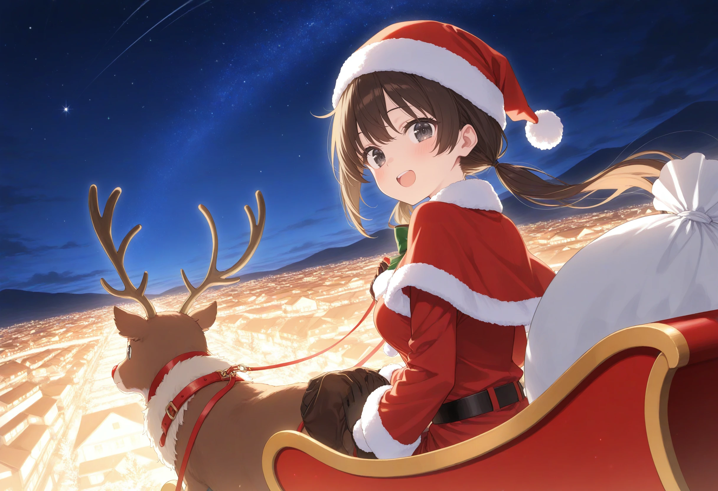 1girl,(sho \(sho lwlw\):0.7),(toosaka asagi:0.5),(sincos:0.3),solo,
masterpiece, best quality, newest, absurdres, CG, anime, source anime, illustration,
medium breasts,
santa hat, santa costume, sleigh, reindeer, capelet, sack, christmas, leash, star (sky), night, starry sky, night sky, flying, sitting, outdoors, <lora:sleigh_Illust_v1:0.8>
ceiling, upper body, looking back, brown hair, black eyes,gloom \(expression\), open mouth, tri tails hair,