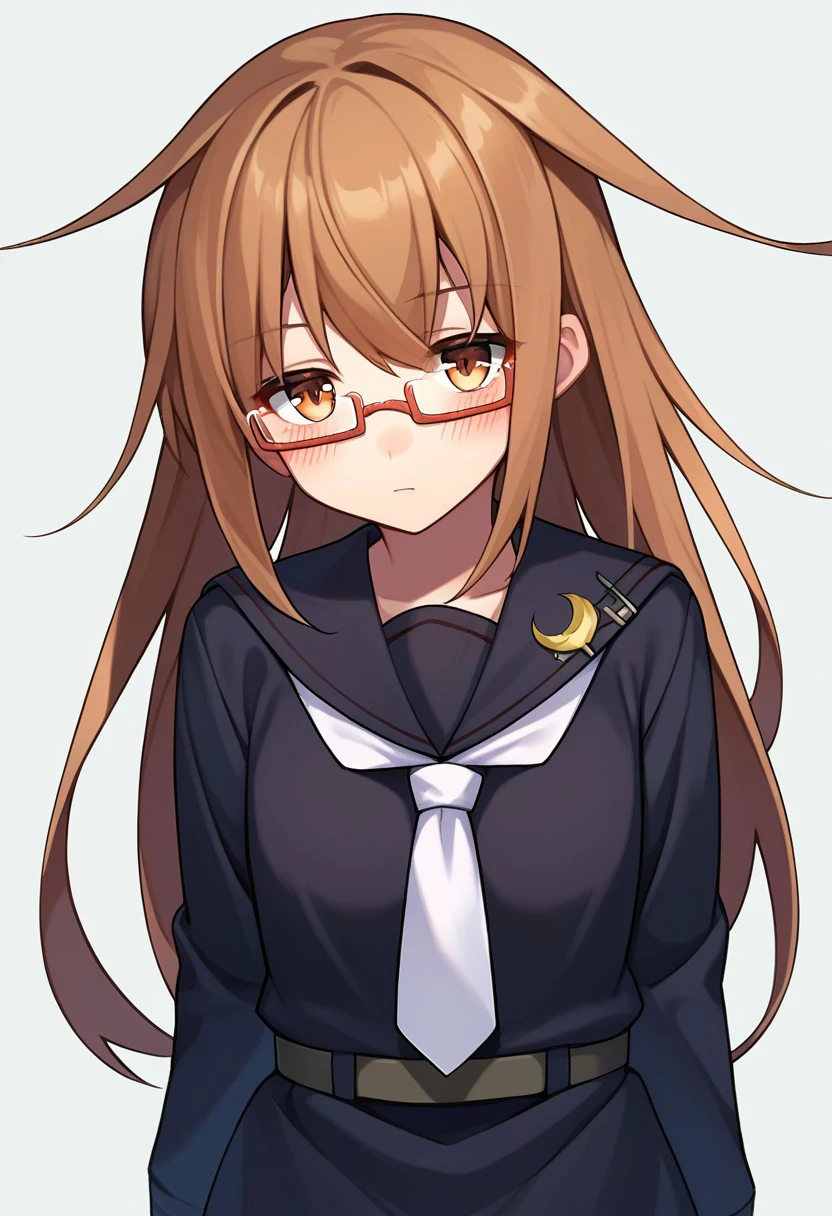 best quality, masterpiece, highres, solo, {mochizuki_kantaicollection:1.15}, long_hair, brown_hair, glasses, brown_eyes, red-framed_eyewear, semi-rimless_eyewear, serafuku, crescent, black_serafuku, blush, under-rim_eyewear, 1girl, black_shirt, looking_at_viewer, school_uniform, white_necktie, black_sailor_collar, black_skirt, crescent_pin, long_sleeves, sailor_collar, shirt, simple_background, skirt, hair_between_eyes, necktie, pleated_skirt, bangs, white_background, neckerchief, open_mouth, parted_lips, very_long_hair
