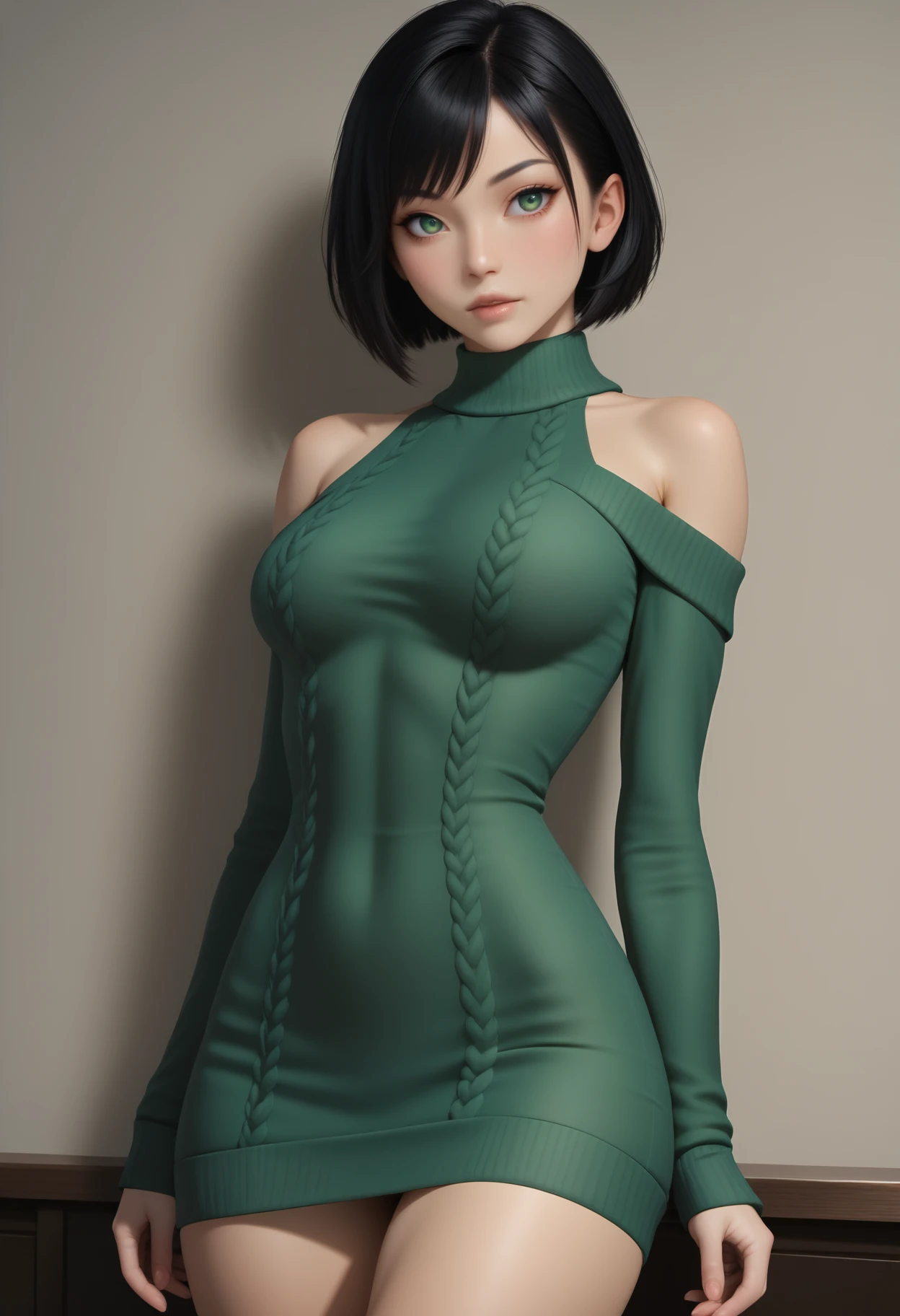 ((masterpiece, best quality, absurdres)),
1girl, solo, cowboy shot, sexy sweater dress, green dress, long sleeves, bare shoulders,
 <lora:Dark_Jade_Illust_v1:0.8> d4rkj4d3, black hair, green eyes,