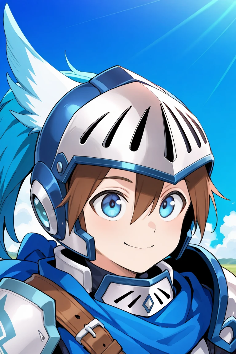 <lora:DurantIL:0.8> , durdef, 1boy, brown hair, short hair, hair between eyes, blue eyes, helmet, blue plume, multicolored plume, visor \(armor\), armor, blue scarf, shoulder belt, single pauldron, shoulder armor, upper body, smile, blue sky, noon, background, detailed, background, , solo, masterpiece, best quality, amazing quality, very aesthetic, high resolution,