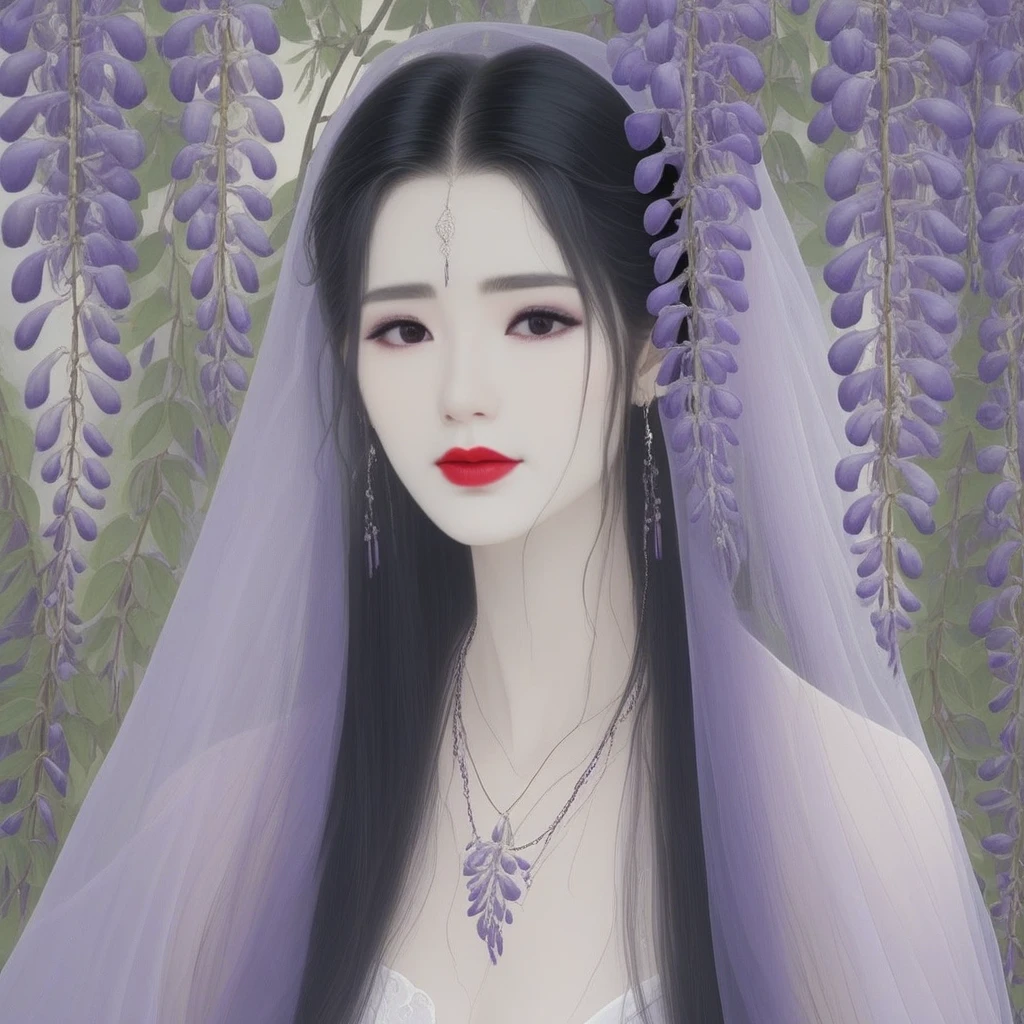 1girl, jewelry, solo, earrings, flower, veil, long_hair, necklace, looking_at_viewer, wisteria, purple_flower, upper_body, petals, black_hair, parted_lips, black_eyes, red_lips, makeup, lipstick, leaf