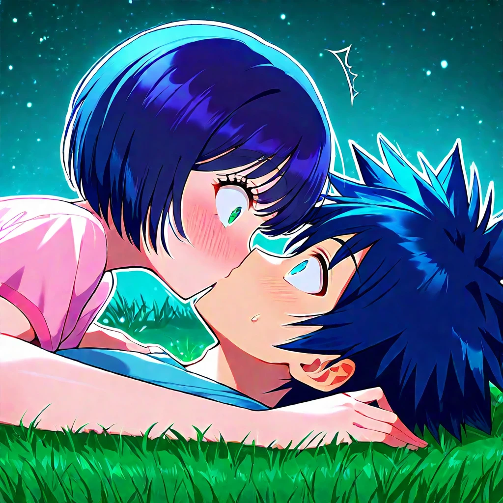 accidental kiss, hetero, 1boy, 1girl, on grass, random hair color, on back, on top of another, wide-eyed, surprised, eye contact, best quality, masterpiece