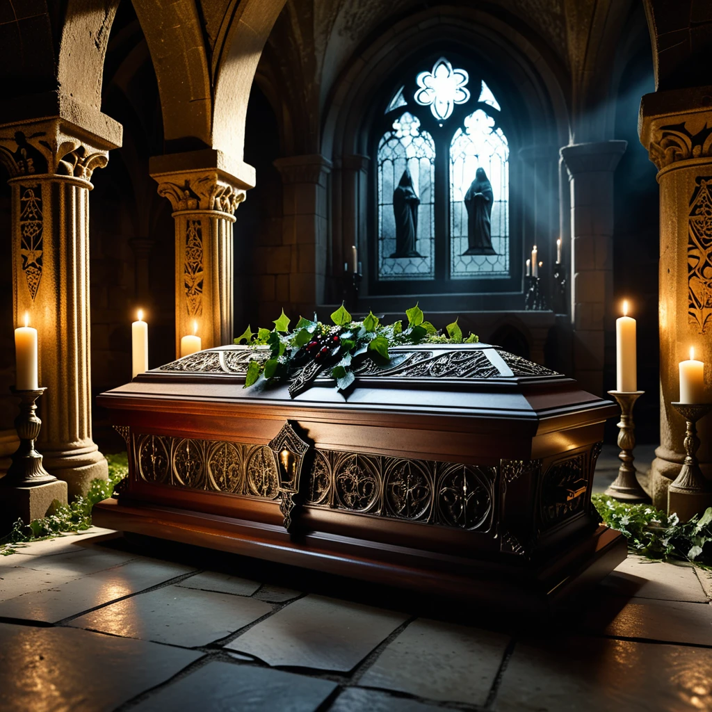 horror-themed A dramatic and atmospheric photograph of the interior of an ancient crypt, dimly lit by flickering candlelight. The crypt features old, cracked stone walls covered in moss and ivy, with intricate carvings and Gothic details etched into the stone. At the center of the crypt lies an ornate vampire coffin, made of dark, polished wood with silver and gold inlays, adorned with ancient symbols and intricate Gothic patterns. The coffin is slightly ajar, revealing a glimpse of red velvet lining. Surrounding the coffin are scattered bones, dusty cobwebs, and antique candelabras with melting candles, casting eerie shadows across the crypt. The mood is dark, mysterious, and hauntingly beautiful, with subtle rays of pale moonlight filtering through a small, broken stained-glass window.
<lora:SDXLFaeTastic2400:0.4> <lora:extremely_detailed:0.4> extremely detailed,, eerie, unsettling, dark, spooky, suspenseful, grim, highly detailed, Masterpiece,best quality,hi res,8k,hi res,8k,award winning,(sharp focus, intricate, highly detailed),