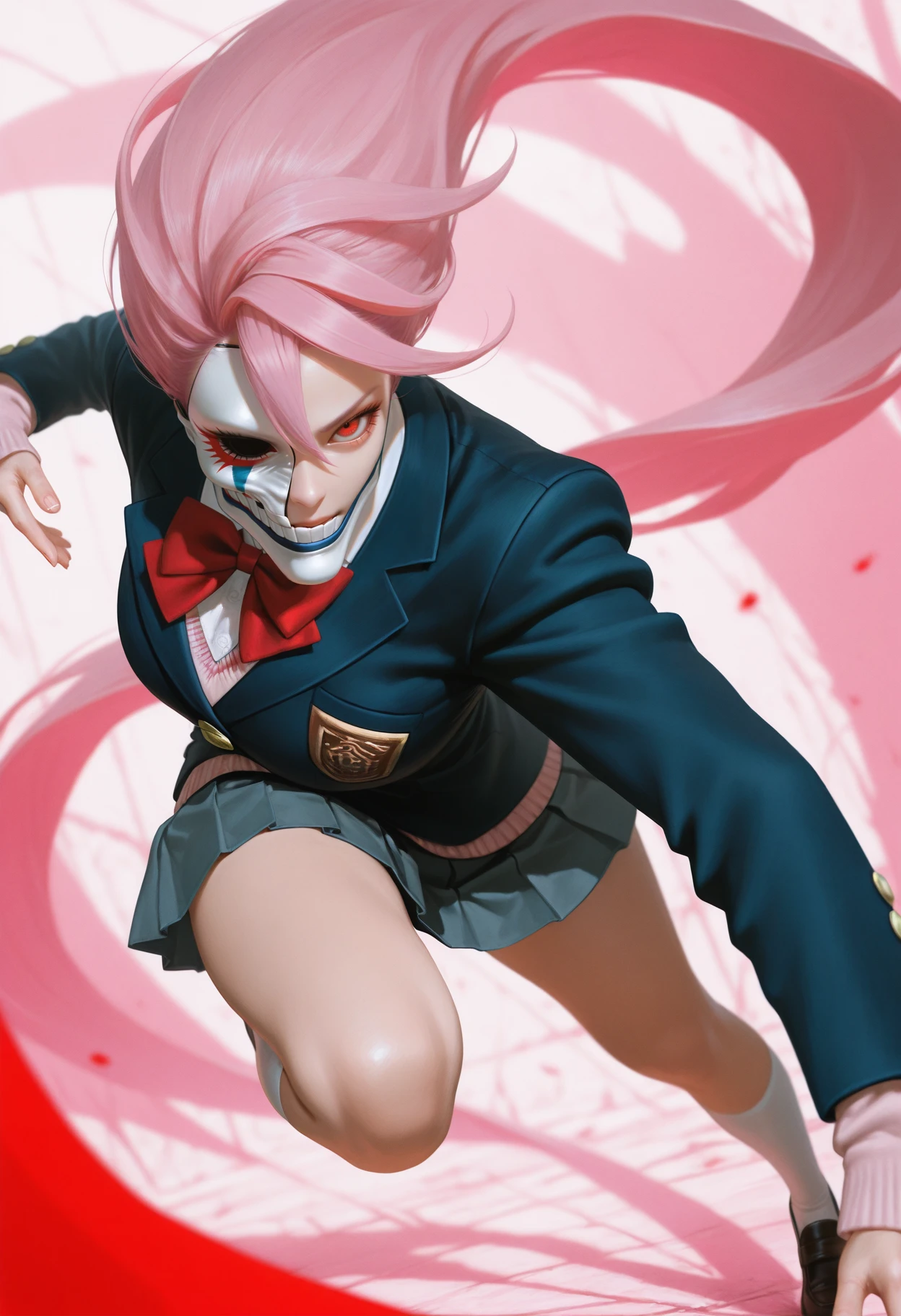 masterpiece, best quality, realistic,
dynamic pose, dynamic angle, fighting stance,
 <lora:Aira Dandadan [IL]:0.9> 1girl, aira, pink hair, red eyes, mask, white mouth mask, , long hair   ||1.  school uniform, pleated skirt, high socks, shoes,