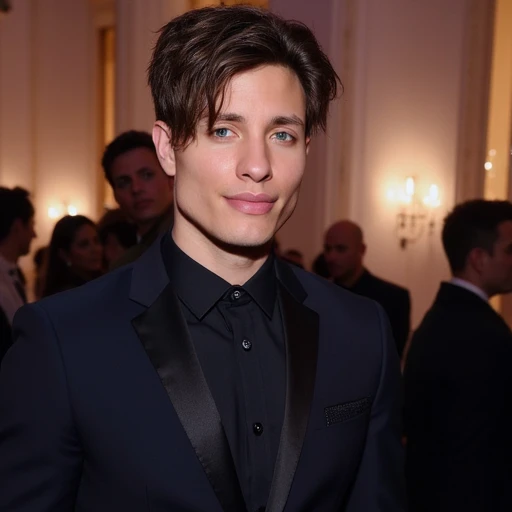 A full body photograph of Matt_rife, short brunette hair, three quarter pose, wearing an Armani suit at a charity event.