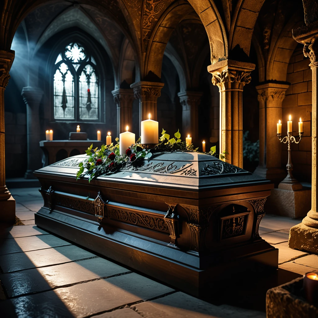 horror-themed A dramatic and atmospheric photograph of the interior of an ancient crypt, dimly lit by flickering candlelight. The crypt features old, cracked stone walls covered in moss and ivy, with intricate carvings and Gothic details etched into the stone. At the center of the crypt lies an ornate vampire coffin, made of dark, polished wood with silver and gold inlays, adorned with ancient symbols and intricate Gothic patterns. The coffin is slightly ajar, revealing a glimpse of red velvet lining. Surrounding the coffin are scattered bones, dusty cobwebs, and antique candelabras with melting candles, casting eerie shadows across the crypt. The mood is dark, mysterious, and hauntingly beautiful, with subtle rays of pale moonlight filtering through a small, broken stained-glass window.
<lora:SDXLFaeTastic2400:0.4> <lora:extremely_detailed:0.4> extremely detailed,, eerie, unsettling, dark, spooky, suspenseful, grim, highly detailed, Masterpiece,best quality,hi res,8k,hi res,8k,award winning,(sharp focus, intricate, highly detailed),