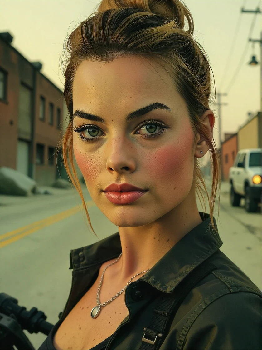 <lora:Margot_Robbie_ca2008:1> woman, extreme close-up, zoomed, focus on face, centered, macro shot, face centered, focus on eyes, looking directly at the viewer, looking directly at the camera, making eye contact, looking straight ahead, spring pastel colored lipstick, matching eye shadow, and matching eye liner that match outfit, blush, silver necklace, silver bracelets, silver rings, silver hoop earrings, modest clothes, modest apparel, chest covered, modesty <lora:zz_s_Chest_Size_Slider:-2>, A hyper-realistic photo portrait of a cybernetic android, soft features with a dynamic background, elegant intricate artstation concept art style of Ashley Wood, Jae Wood, desolate tones, intricate detail, breathtaking masterpiece, dramatic lighting, wearing skin-tight, form-fitting black leather cybernetic android uniform that tightly covers the body, it also covers the chest and neck, the uniform includes an extreme amount of zippers, an ak47 is strapped to the back, sitting on a futuristic motorcycle, background is dystopian post-apocalyptic wasteland , bokeh <lora:zz_s_Luminous_Shadowscape:0.7>