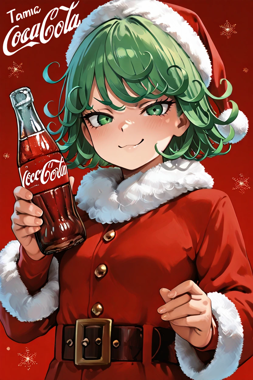 masterpiece, best quality,  CocaColaSanta, solo, santa costume, holding, bottle, red background,  zzTatsumaki, green eyes, green hair, smile, smug, <lora:TatsumakiIXL:0.8>,  ,<lora:CocaColaSantaIXL_v2:1.0>,