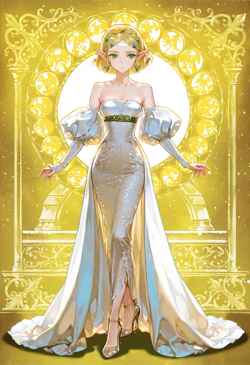 1girl,solo,looking at viewer,ikeda ruriko, puffy sleeve dress, detached sleeves,strapless,white dress,princess_zelda,high heels,