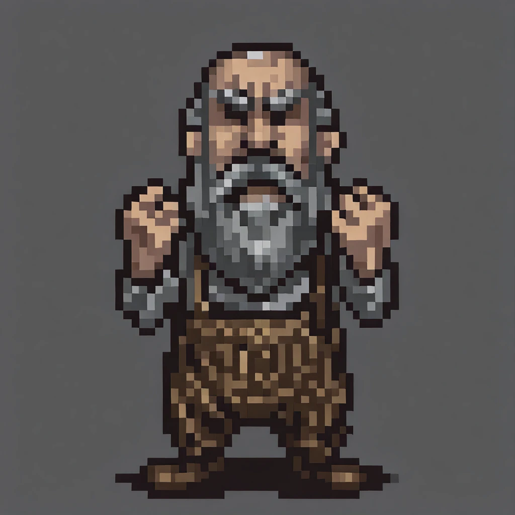 <lora:Illustrious - SNES Earthbound Enemies - 1994 - Epoch 8:1> earthbound_enemy, neutral grey background, pixelart, grey background, solo, full body, drop shadow, old man, angry, fist in air, suspenders, grey hair, balding, pattern baldness, mustache