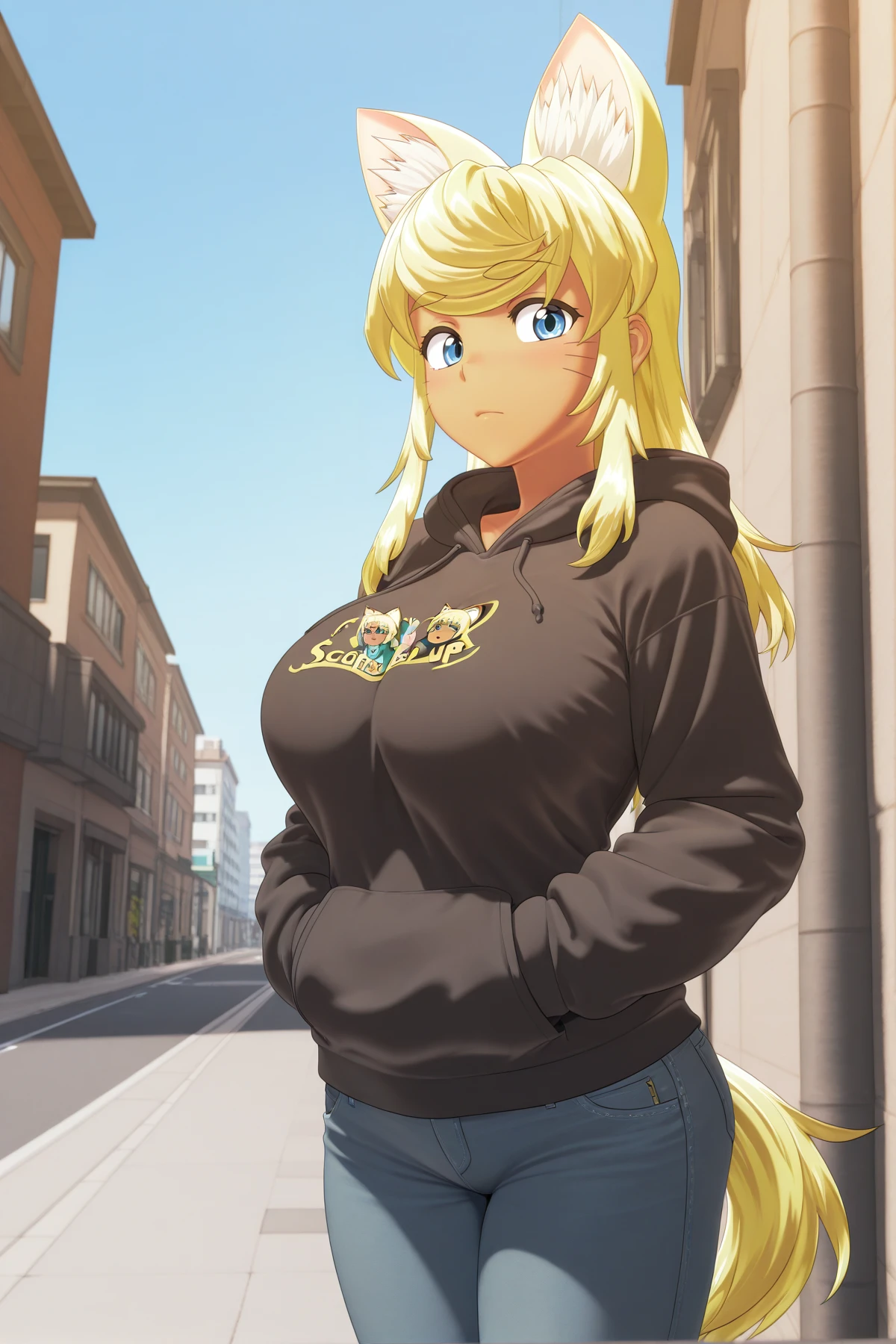 <lora:Liru-Illustrious:1> liru, blonde hair, animal ears, wolf ears, large breasts, dark skin, wolf girl, dark-skinned female, long hair, extra ears, blue eyes
outdoors, building, street, sky, hoodie, oversized clothes, denim, pants, hands in pockets, street, leaning agains building, focus, looking at viewer,, safe_pos, score_9, score_8_up, score_7_up, epic photograpy, extremely detailed, high quality, absurd res, high res, masterpiece,best quality,amazing quality, absurdres, 8k, zPDXL2, zPDXLpg, zPDXLrl