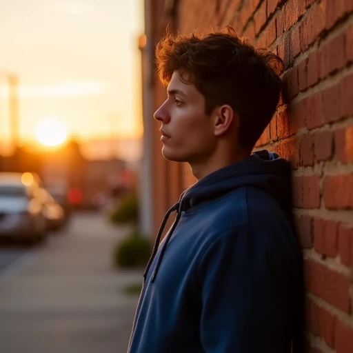 A profile view cinematic film still of a man with short tousled brown hair. He leans casually against a brick wall, his expression contemplative, hes wearing a blue hoodie and his hands are stuffed inside his pockets. The golden hour lighting at sunset casts a warm glow over the subject and his surroundings. The light of the setting sun is to his left acting as backlighting and creating a subtle silhouette effect