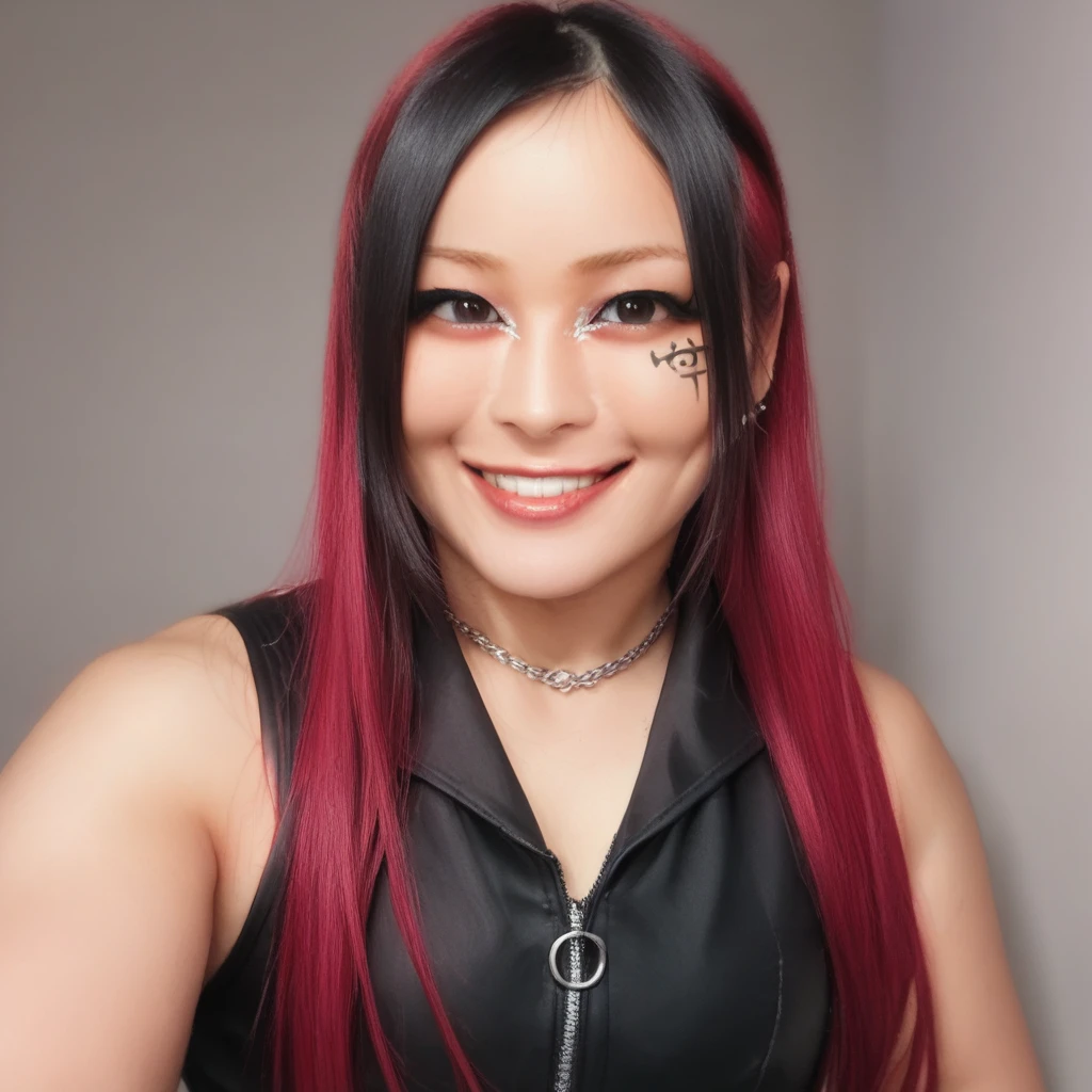 score_9, score_8_up, score_7_up,   <lora:IYO_SKY_v2:1>, 1yosky, 1girl, realistic, solo, black hair, red hair, multicolored hair, long hair, black eyes, looking at viewer, upper body, lips, smile, grin, black topwear, cropped vest, crop top, midriff, necklace, kanji tattoo