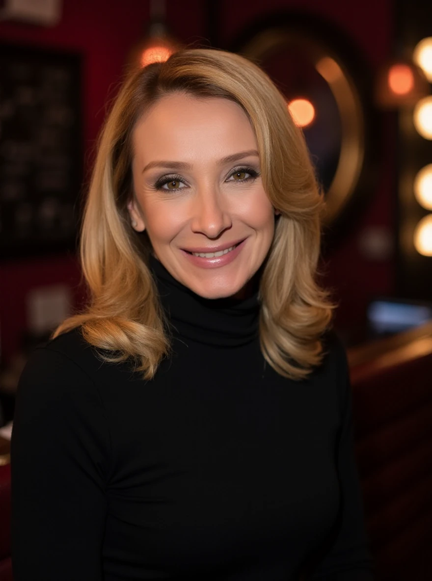 Portrait photo of s4br1n4mt5 woman, black turtleneck blouse, in a night club, makeup, smile, blonde hair

