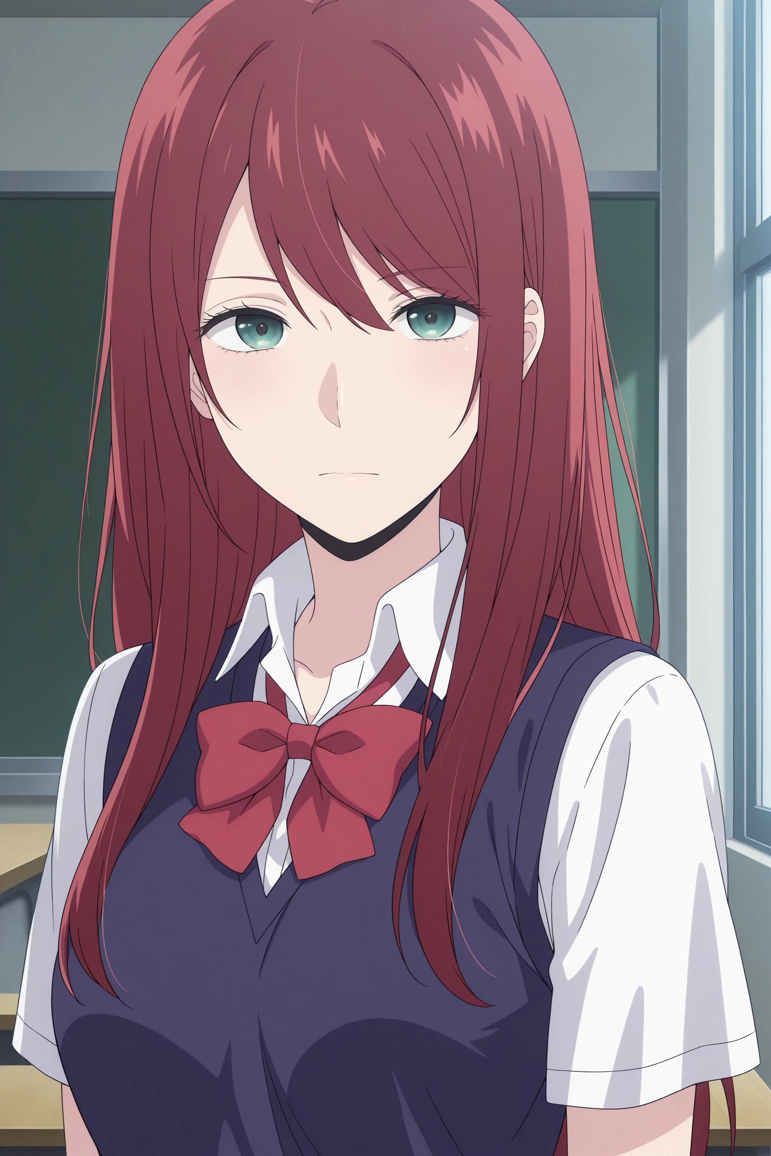 masterpiece, best quality, amazing quality, highres, absurdres, very aesthetic, high resolution, ultra detailed, perfect details, 1girl, looking at viewer, indoors, classroom, medium breasts, ebato sanae, long hair, red hair, swept bangs, green eyes, school uniform, short sleeves, white shirt, collared shirt, red bowtie, blue sweater vest, black skirt, pleated skirt, black kneehighs, loafers, <lora:Sanae_Ebato:0.8>, (aged up:1.2), (upper body:1.5), (three quarter view:1.5)