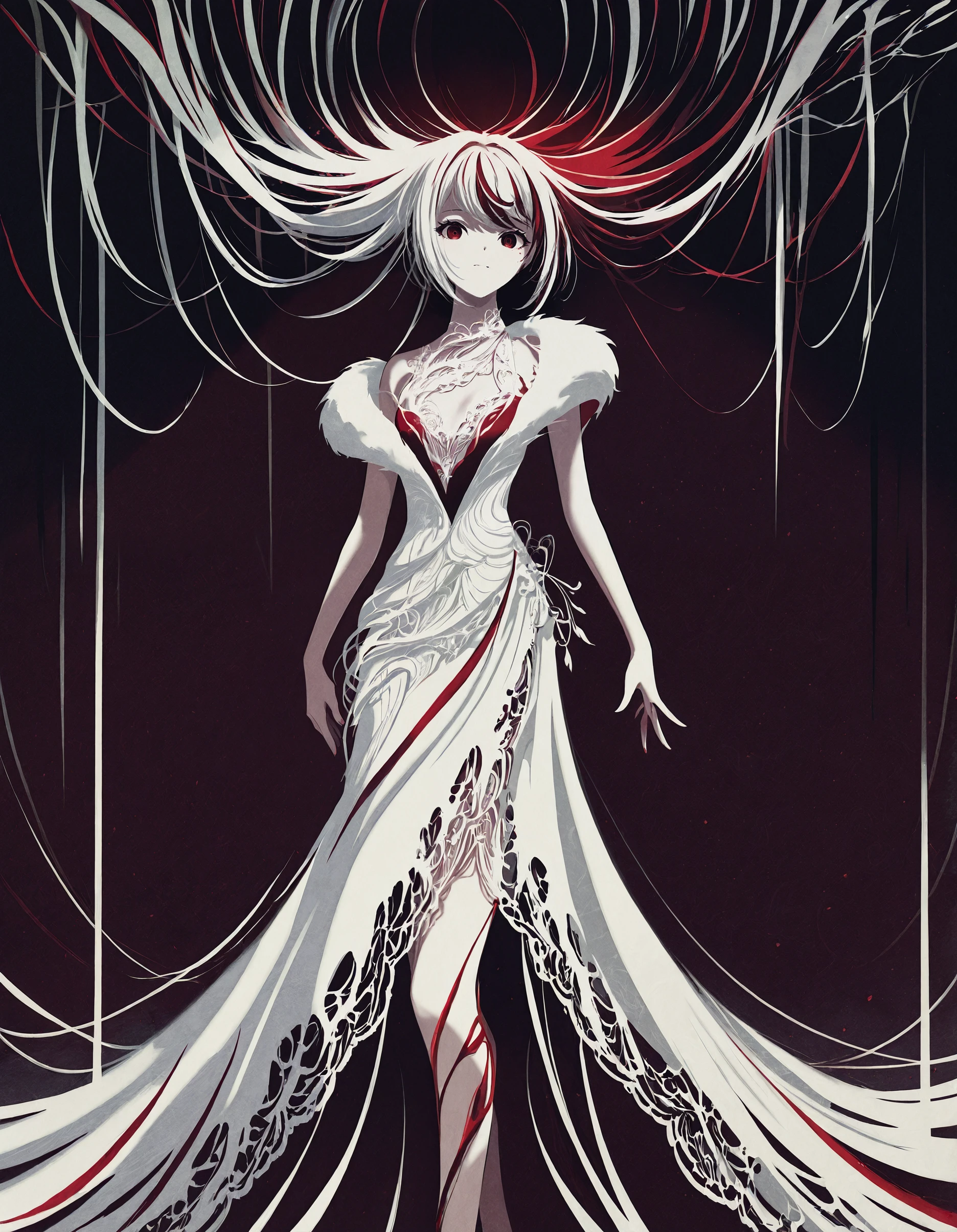 best_quality,masterpiece, <lora:berryverrine_2:1>,b3rr1_illu, abstract, minimalism, Ethereal pale female figure, long flowing white hair, intricate lace gown, red blood splatters, dark red background, gothic horror, monochromatic palette, contrasting red and white, anime style, surreal, haunting, delicate details, elegant pose, mysterious atmosphere, digital art, high contrast, dramatic lighting, fantasy character design