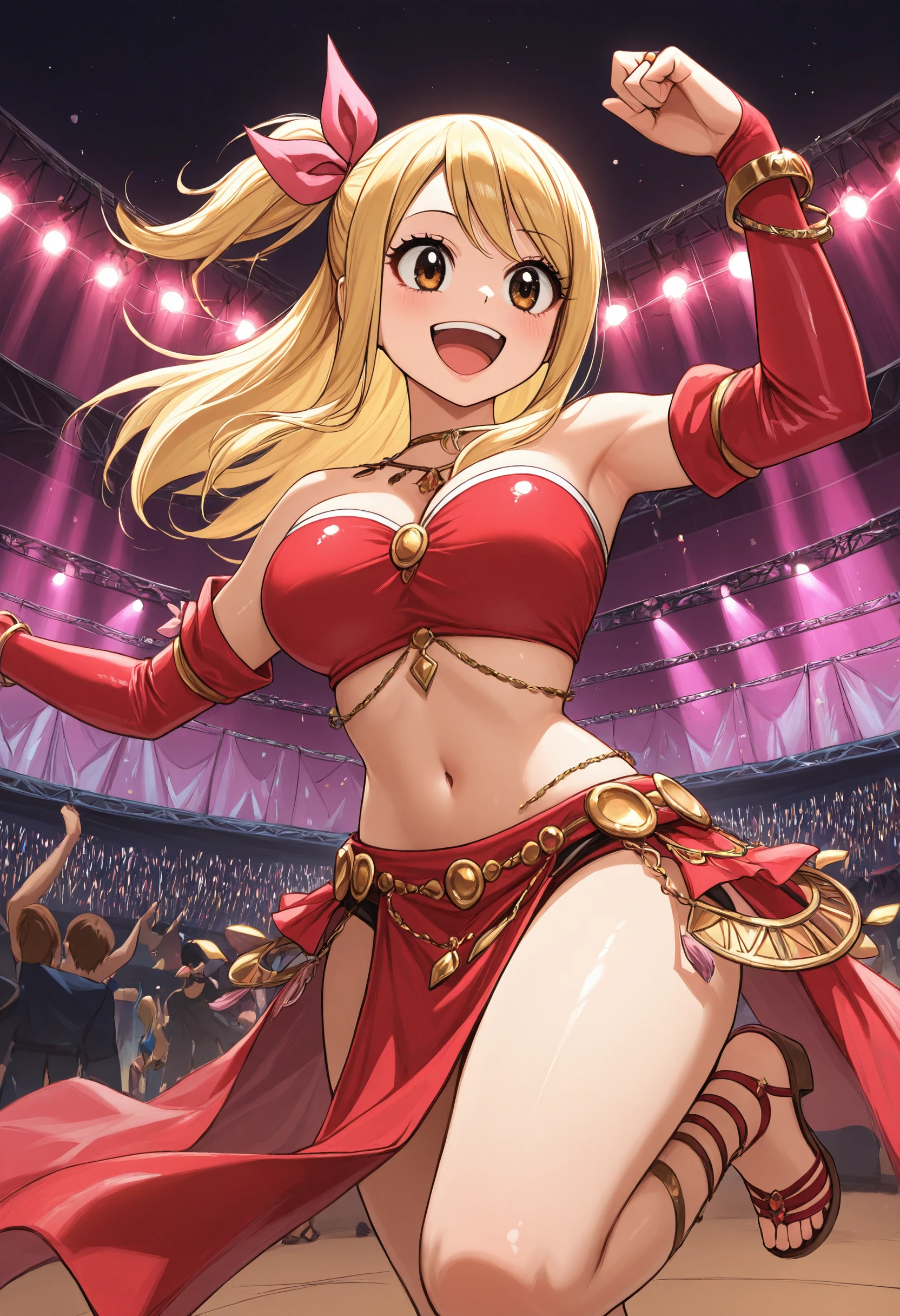 masterpiece, best quality, 1girl,shiny clothes, cowboy shot,  excited, happy, open mouth, dncaf, bandeau, bridal gauntlets, pelvic curtain,  hair bow, jewelry, bare shoulders, navel, midriff, sandals, heeled footwear,  urban, city, concert, dancing, on stage, from below, stage lights, dancing,   floating hair, floating clothes,    lucy heartfilia,<lora:Dancers_Attire_IL:1>