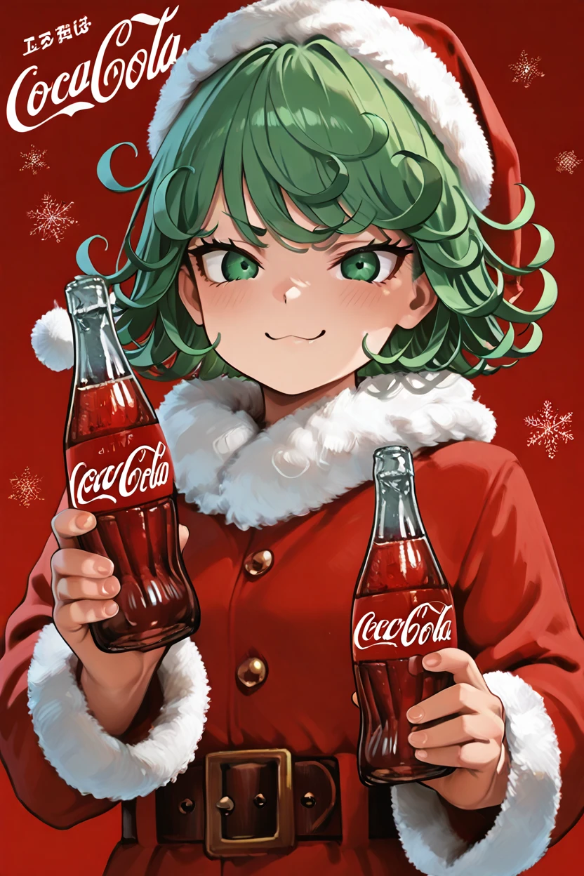 masterpiece, best quality,  CocaColaSanta, solo, santa costume, holding, bottle, red background,  zzTatsumaki, green eyes, green hair, smile, smug, <lora:TatsumakiIXL:0.8>,  ,<lora:CocaColaSantaIXL_v2:1.0>,