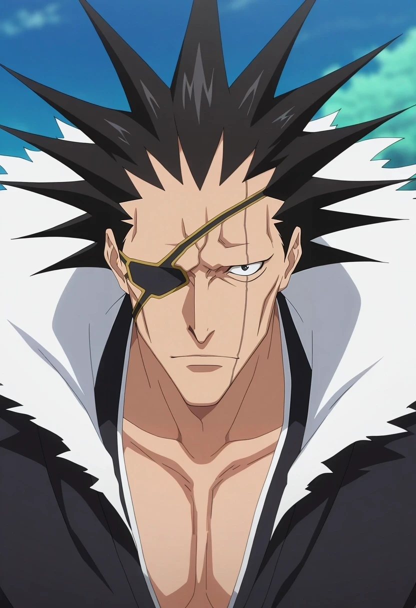 masterpiece, best quality, intricate details, anime screencap, anime coloring, official style, looking at viewer, depth of field, 1boy, solo, male focus, <lora:kenpachi_zaraki_ilxl:0.96>, kenpachi_zaraki, black hair, black eyes, spiked hair, , eyepatch, , , burglar costume