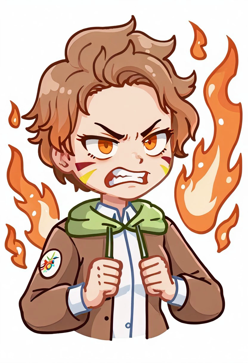 score_9, score_8_up, score_7_up, score_6_up, score_5_up, score_4_up, Stickersr, white background, solid outline, 1girl, GachaSSARAWOF, SSARAWOF5, brown hair, short hair, orange eyes, facial mark, brown unbuttoned hoodie, white shirt, fire background, flame, angry face, aggressive face, angry face, 1girl, dynamic pose, expressive emotions