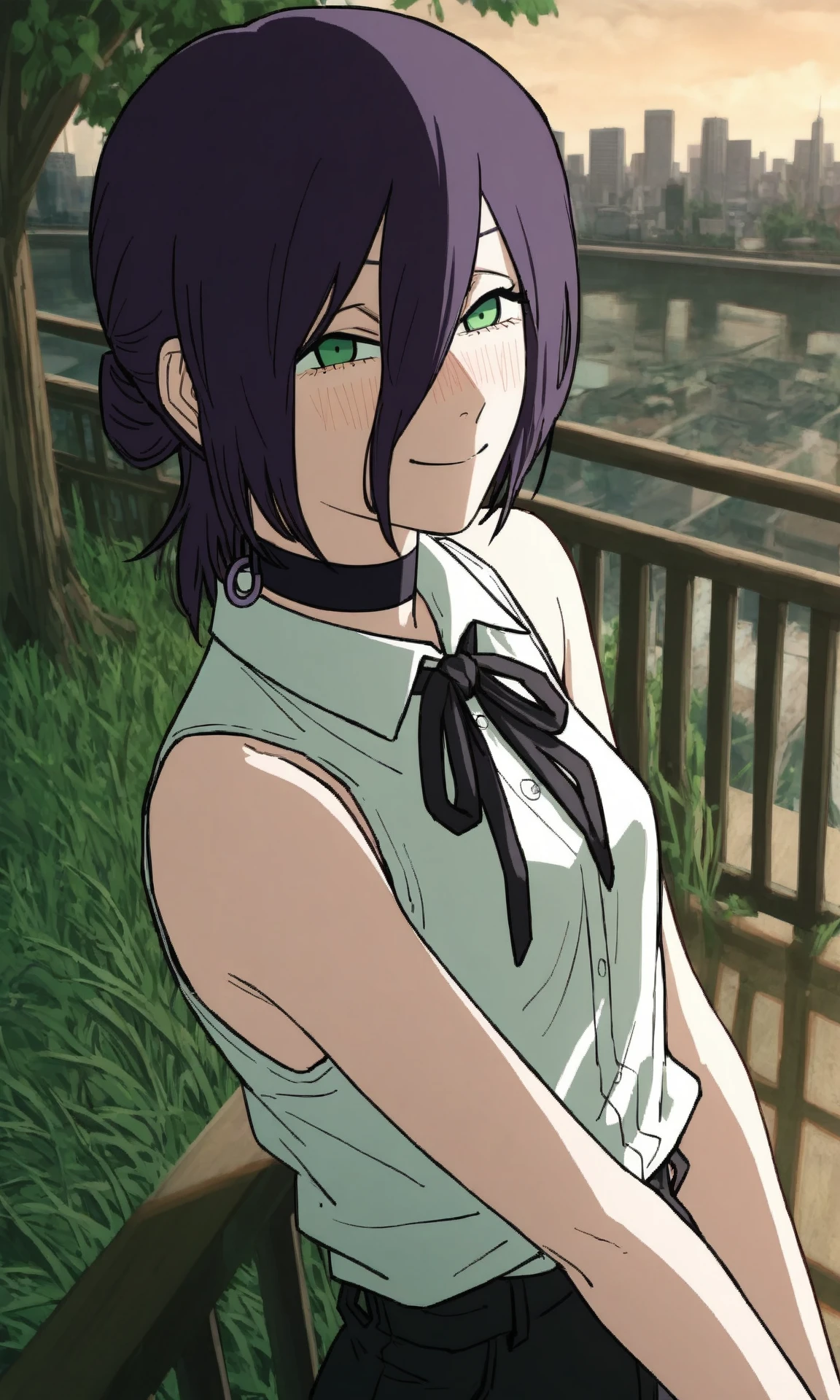 reze \(chainsaw man\), rezeanime, chainsaw man, 1girl, green eyes, medium hair, hair between eyes, single hair bun, choker, narrowed eyes, blush, smile, nose blush, collared shirt, sleeveless shirt, neck ribbon, high-waist shorts, cowboy shot, leaning back, railing, city, grass, tree, mature female, skinny, (masterpiece, best quality, very awa, recent:1.0)