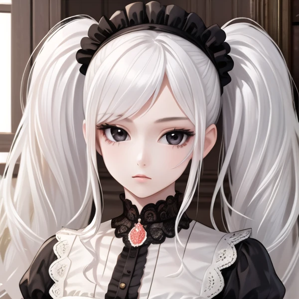 realistic, aesthetic, intricate, masterpiece, cute, 1 girl, solo, white hair, black eyes, mega twintails, long hair, <lora:n15g_aio_hairstyles-1.0:0.8>