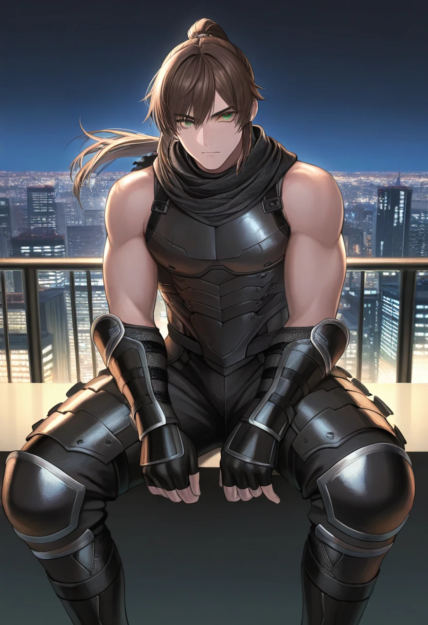 masterpiece, best quality, newest, absurdres, highres, <lora:RyuIllustDOA:0.9>, HYBSRYNG, brown hair, green eyes, looking at viewer, cityscape, night, ponytail, 1boy, solo, black scarf, black clothes, armor, sleeveless, arm guards, fingerless gloves, black boots, sheathed,