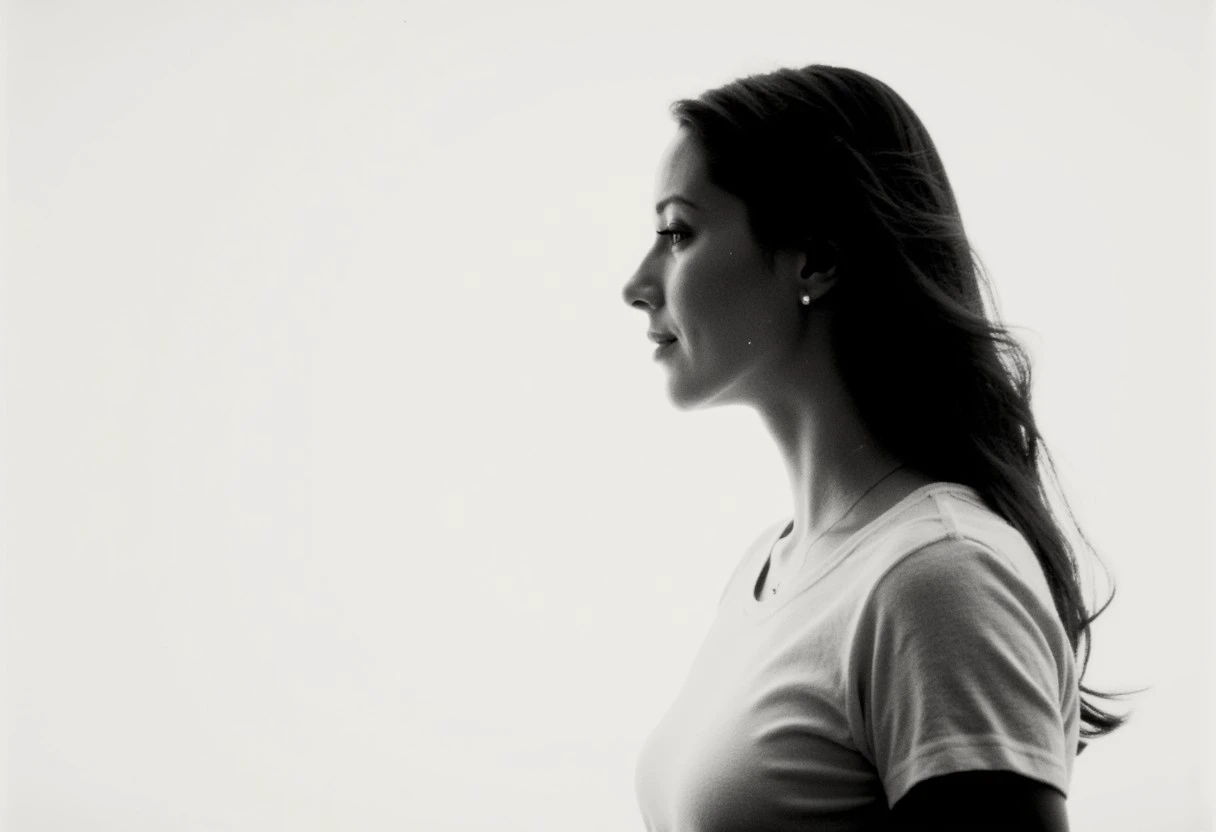 an aesthetic, minimalist depiction of a female profile in side view. she wears a t-shirt. The focus is on the soft contours and calm, monochromatic tones. The scene feels mystical and dreamy, almost as if viewed through a delicate mist, with gentle light accentuating the silhouette. The background is diffuse and creamy white, drawing attention to the elegant simplicity of the figure.