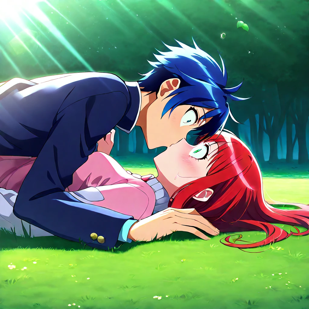 accidental kiss, hetero, 1boy, 1girl, duo, on grass, blue hair, red hair, on back, wide-eyed, surprised, eye contact, 5 fingers, best quality, masterpiece, on top of another, sunlight, dynamic lighting