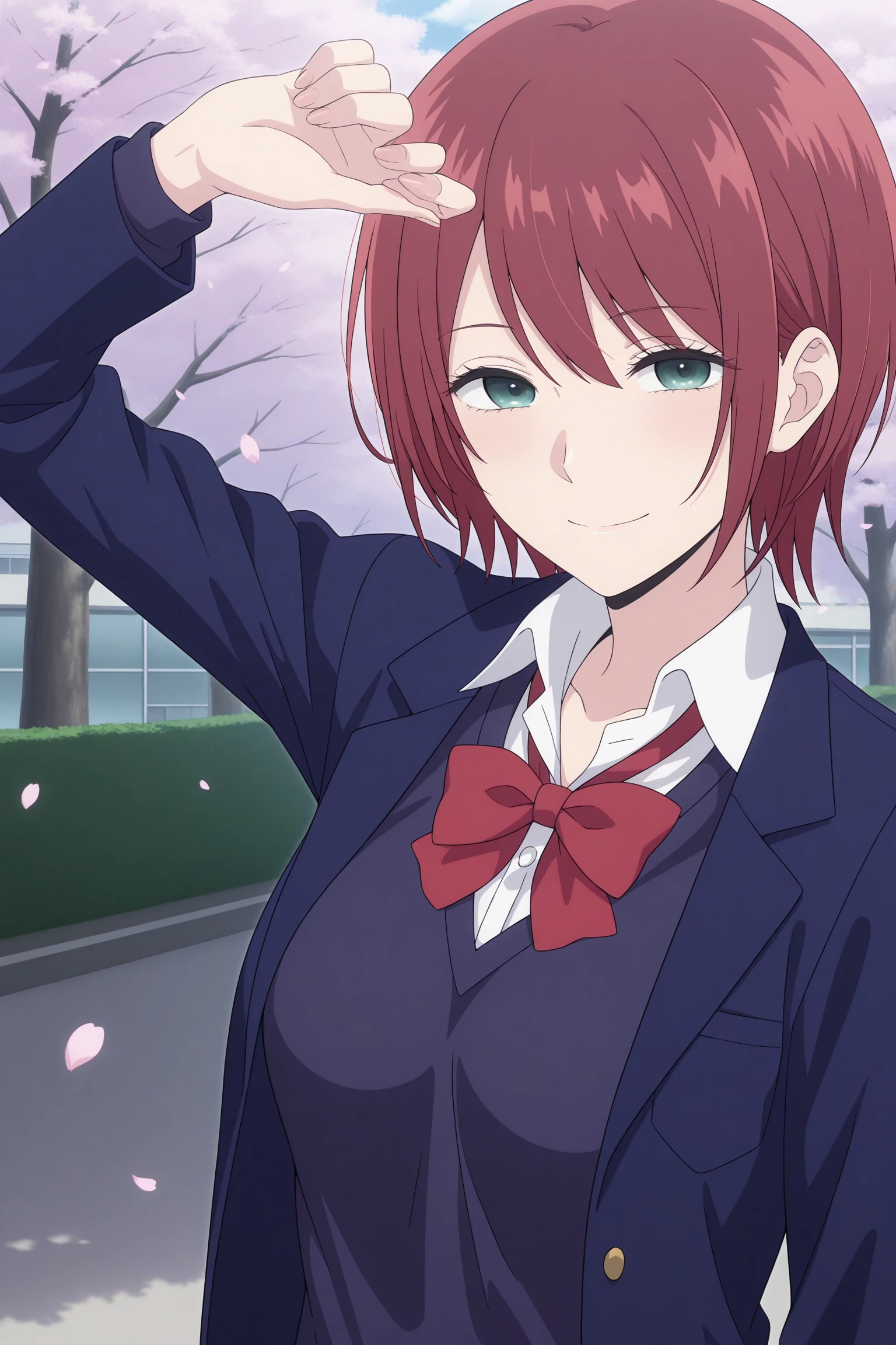 masterpiece, best quality, amazing quality, highres, absurdres, very aesthetic, high resolution, ultra detailed, perfect details, 1girl, outdoors, school, cherry blossoms, (falling petals:1.5), medium breasts, ebato sanae, short hair, red hair, swept bangs, green eyes, school uniform, long sleeves, blue jacket, open jacket, white shirt, collared shirt, red bowtie, blue sweater, black skirt, pleated skirt, black kneehighs, loafers, <lora:Sanae_Ebato:0.8>, (aged up:1.2), (upper body:1.4), (pose:1), smile