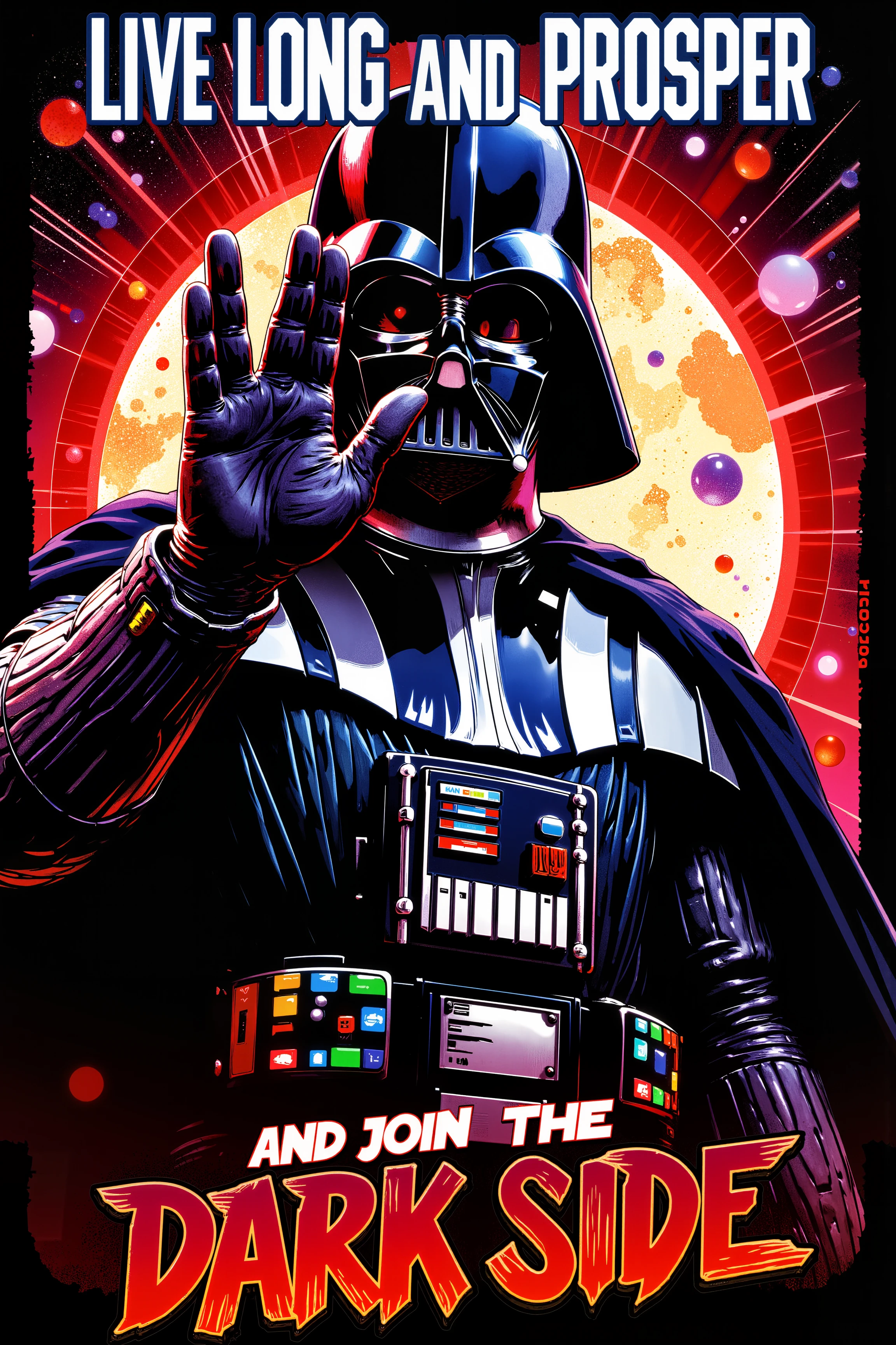 a poster of darth vader is giving vulcan salute. At the top in gentle font there is text "LIVE LONG AND PROSPER". On the bottom in aggresive font there is text "AND JOIN THE DARK SIDE" Fantastic lighting. Detailed shadows.intricate details, vivid colors, hyper-detailed, ultra-sharp<lora:RetroAnimeFluxV1:0.6><lora:Flux DetailerV2><lora:Greg_Capullo_style:0.4><lora:Vintage comic book:0.3><lora:VULCANSALUTE_FLUX>