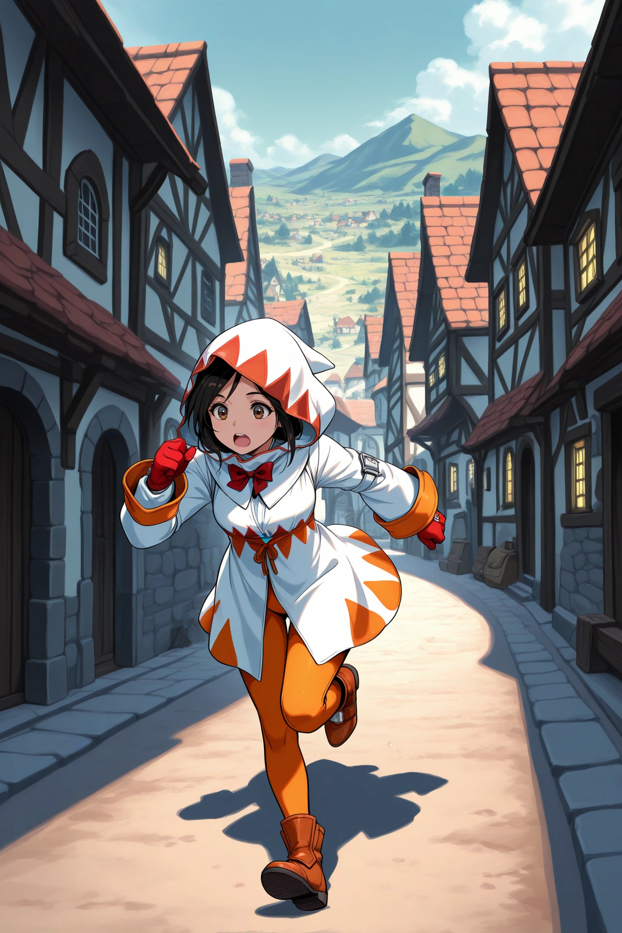 masterpiece, best quality, 1girl, solo, <lora:ffgarnet-illu-nvwls-v1_1-000007:1> ffixgarnet, black hair, brown eyes, white mage, white robes, red bow, hood up, orange pants, orange bodysuit, red gloves, brown boots, running, wide shot, village, alleyway, open mouth