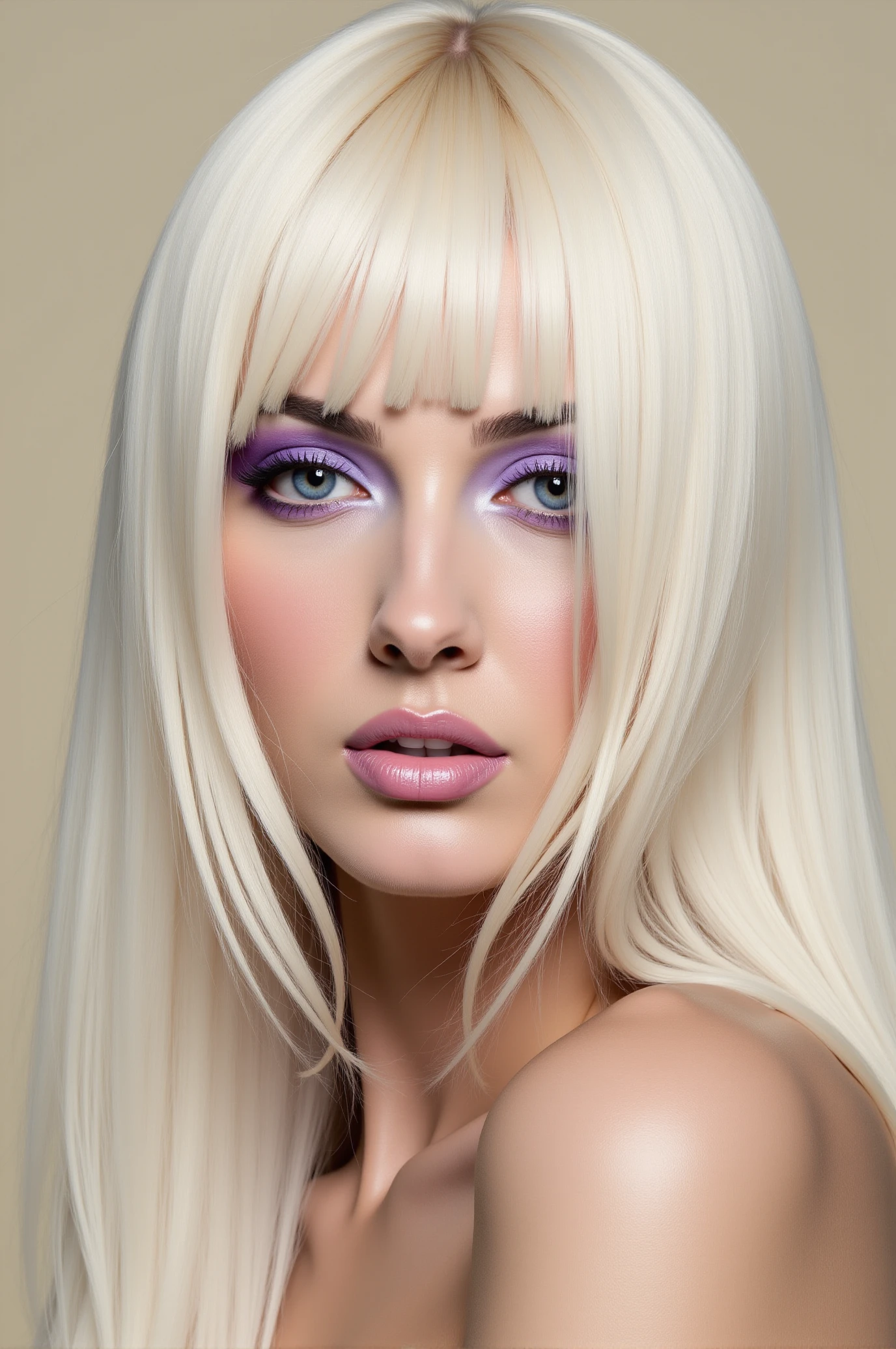 <lora:FFS_v.4:0.75> FFS style face. A woman with striking platinum blonde hair. The woman has a radiant, porcelain skin tone and is captured against a neutral beige background, which makes her features stand out prominently. Her hair is long, straight, and cascading down around her shoulders, with strands that are styled to cover her face and eyes, adding to the ethereal, somewhat mysterious look. Her hair appears to be fine and silky, with a slight, natural wave that gives it volume and movement. Her eyes are a striking light blue, accentuated with vibrant, shimmery lavender eyeshadow that creates a dramatic contrast against her pale skin. Her eyeliner is bold and defined, adding to the intensity of her gaze. Her lips are full and pouty, painted with a glossy, pale pink lipstick that adds to the overall soft and feminine look.