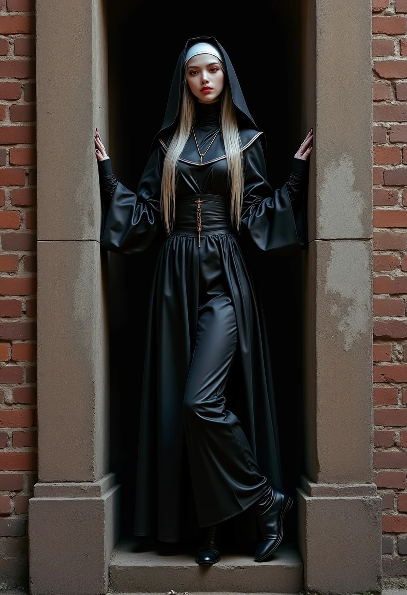 a woman in a black nun outfit leaning against a brick wall