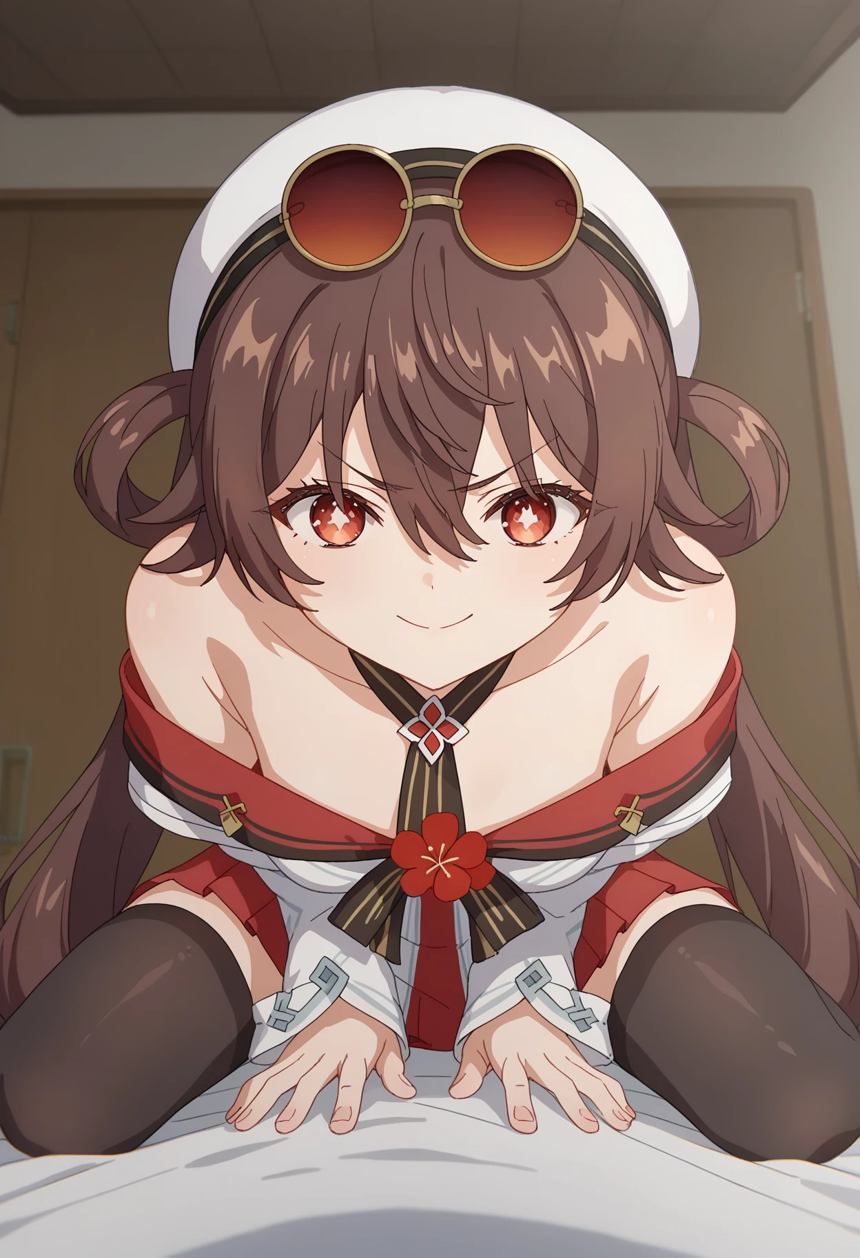 score_9, score_8_up, score_7_up, source_anime,
BREAK
1girl, solo,
<lora:shiHuTaoCherryV1:1>,
shihucherry, alternate costume, official alternate costume,
long hair, very long hair,
brown hair, red eyes, twintails, flower-shaped pupils, hair between eyes,
sunglasses, eyewear on head, tinted eyewear,
white headwear, white hat, white shirt, bare shoulders, off shoulder, detached sleeves,
white dress, red skirt, black thighhighs,
<lora:shiyukiposeV1:0.75>, shiyukilean, leaning forward, pov, no bra, >:\), looking at viewer, v-shaped eyebrows, closed mouth, smile,