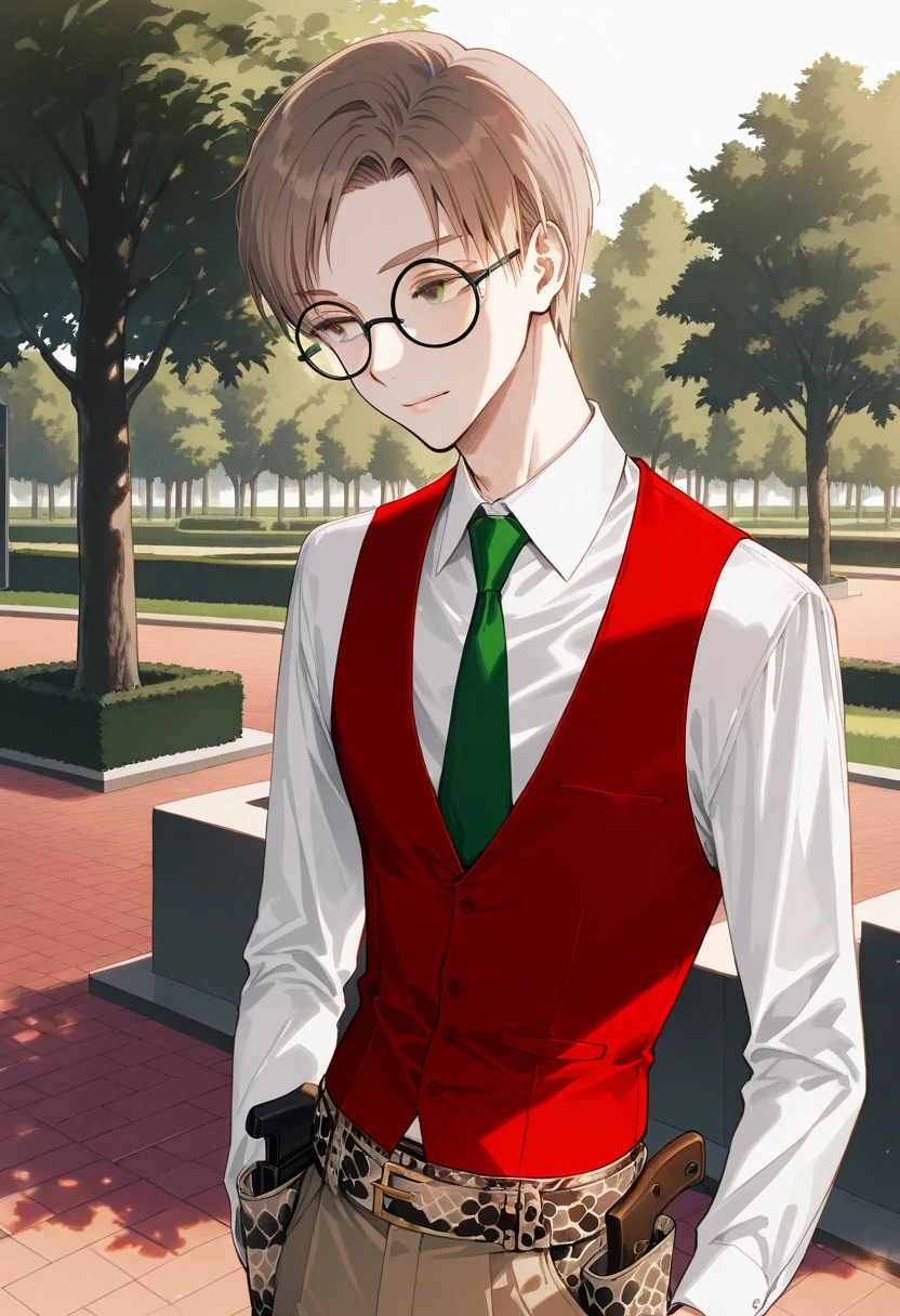 artist:gomzi,artist:wanke,artist:diyokama, rei_(sanbonzakura),[[artist:fuzichoco]],year 2024, 1boy, solo,
lauro maestri, brown hair, brown eyes, short hair, round eyewear, white shirt, red vest, green necktie, belt, snake printed holster, brown pants,
park, upper body,
<lora:ntmf_majorcharacters.ilxl.v02:0.9>