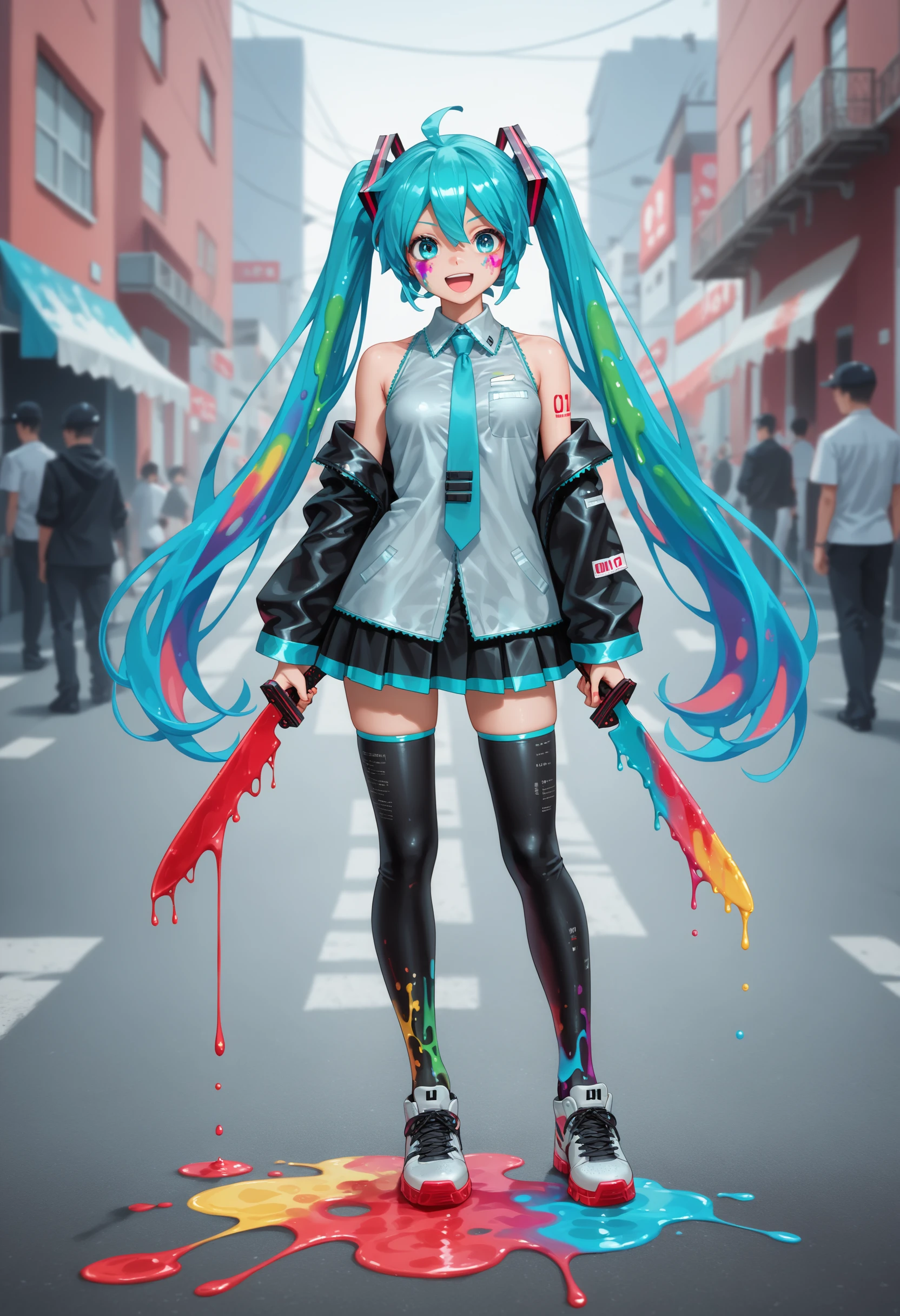 PonyXLV6_Scores Hatsune Miku , zoom out, full body, holding a knife, cop cars, MDRSCPXLâââ