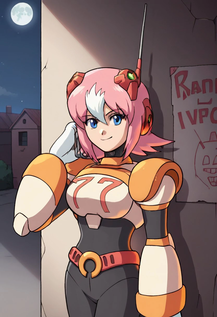 score_9, score_8_up, score_7_up, score_6_up, score_5_up, anime screencap, anime coloring, source_anime, retro_artstyle,
NanaMMX, 1girl, android, robot joints, pink hair, white hair, two-tone hair, multicolored hair, antenna, robot ears, blue eyes, white armor, black bodysuit, belt, white gloves
upper body, close-up, face focus, looking at viewer standing, leaning, leaning against the wall, smirk, naughty face, mean look, rebel, dark alley, garbage, paper, trash cans, graffiti, torn posters, detailed background, night sky, stars, black sky, moon, moonlight, moon's ray, dim lights, cityscape