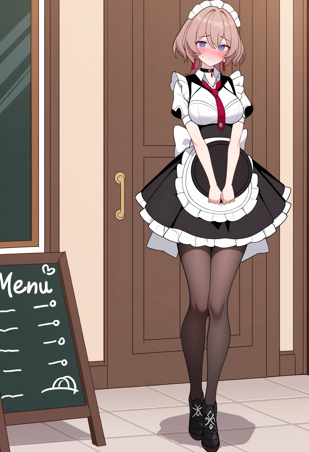 masterpiece, best quality, absurdres, newest, very aesthetic, amazing quality, highres, sensitive, full body, solo, 1girl, <lora:Tsavorae (MiHoYoverse):1>, tsavorae, brown hair, short hair, blue eyes, TLMaid, maid, maid headdress, red earrings, black choker, red necktie, puffy short sleeves, maid apron, back bow, white bow, enmaided, brown pantyhose, black loafers, standing, v arms, holding tray, tray, legs together, looking at viewer, embarrassed, smile, tareme, blush, sweatdrop, cafe, menu board, indoors, day