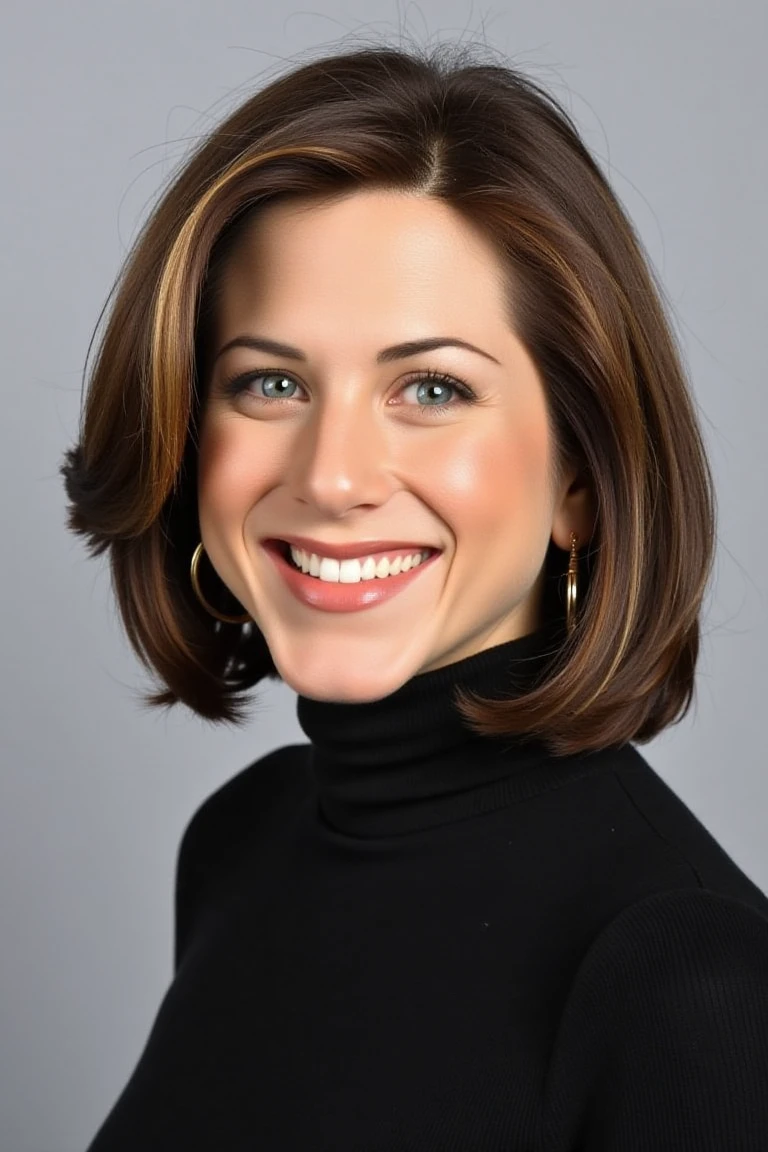 High quality realistic beauty shot of jenanflx. A close-up shot of a woman. She is wearing a turtleneck blouse. The backdrop is a light gray. She is giving a beautiful smile.